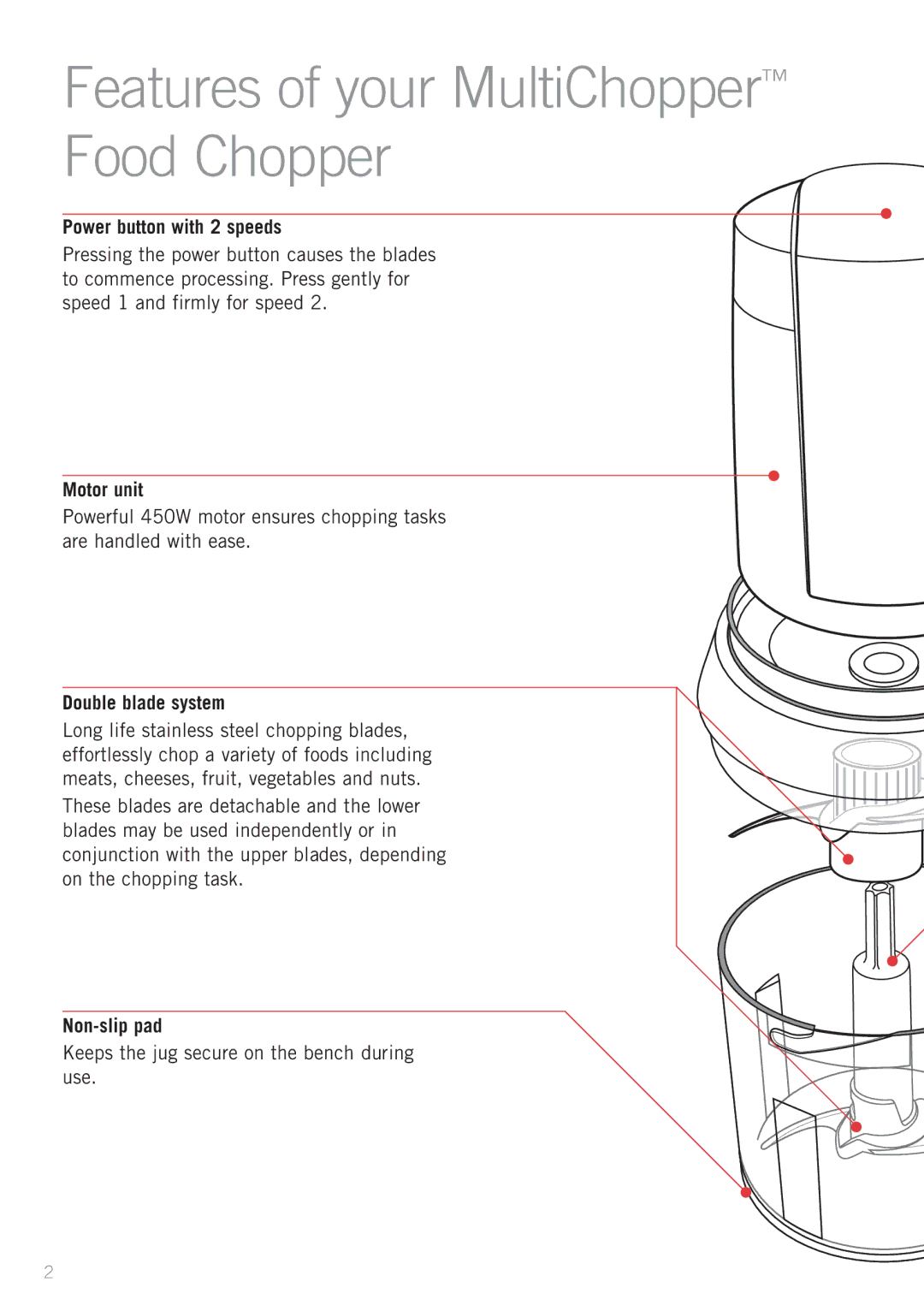 Sunbeam FC7500 Features of your MultiChopper Food Chopper, Power button with 2 speeds, Motor unit, Double blade system 