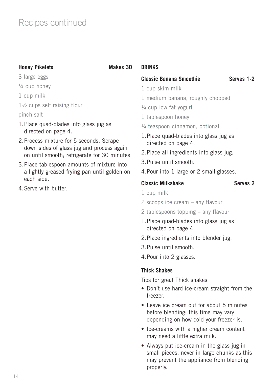 Sunbeam FC8600 manual Honey Pikelets, Classic Banana Smoothie, Classic Milkshake, Thick Shakes 