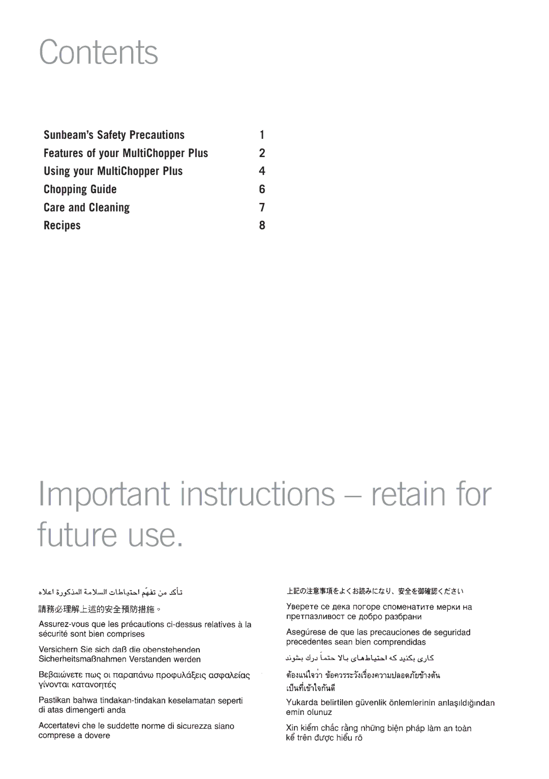 Sunbeam FC8600 manual Contents, Important instructions retain for future use 