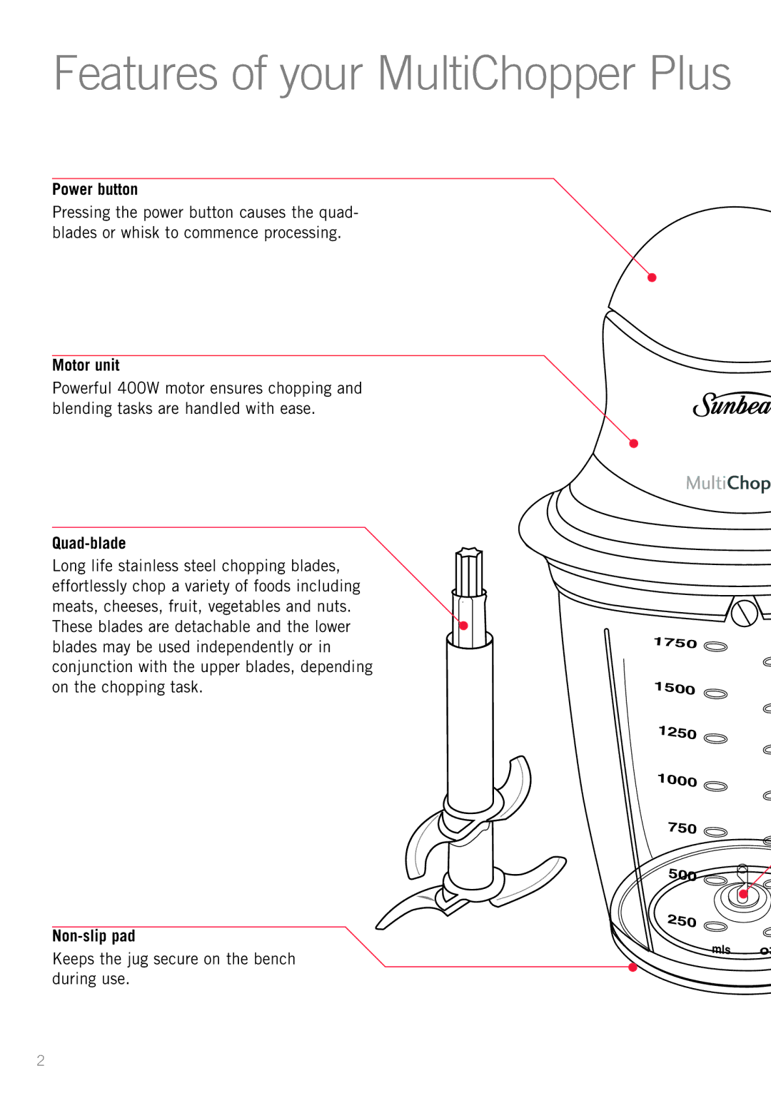 Sunbeam FC8600 manual Power button, Motor unit, Quad-blade, Non-slip pad, Keeps the jug secure on the bench during use 