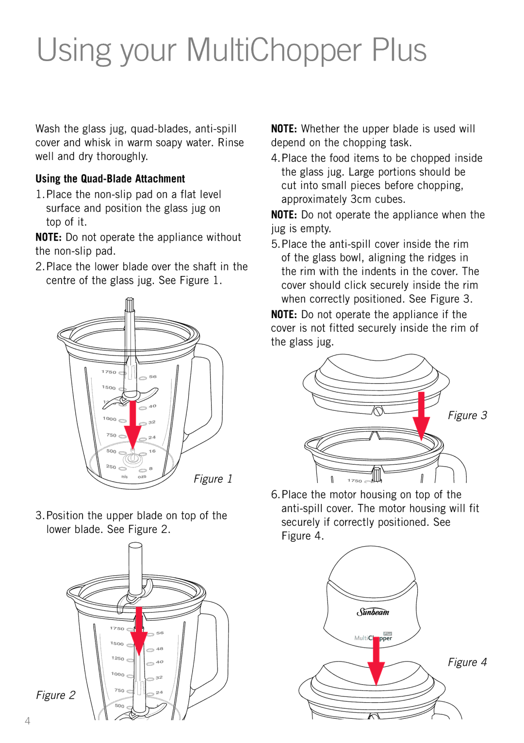 Sunbeam FC8600 manual Using your MultiChopper Plus, Using the Quad-Blade Attachment 