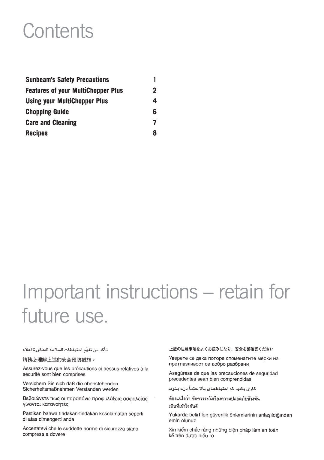Sunbeam FC8600 Contents, Important instructions - retain for future use, Sunbeam’s Safety Precautions, Chopping Guide 
