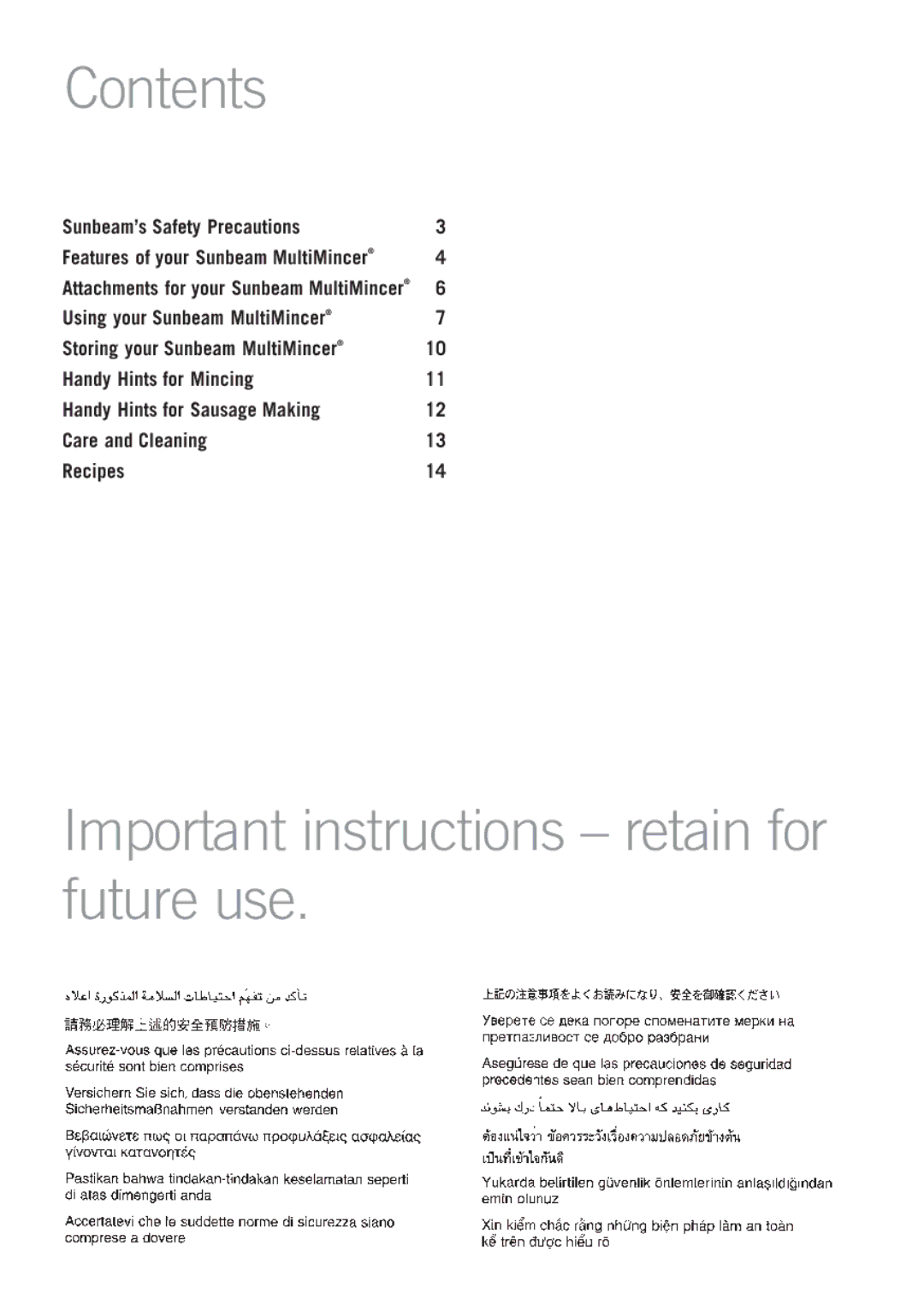 Sunbeam FG5600 manual Contents, Important instructions retain for future use 