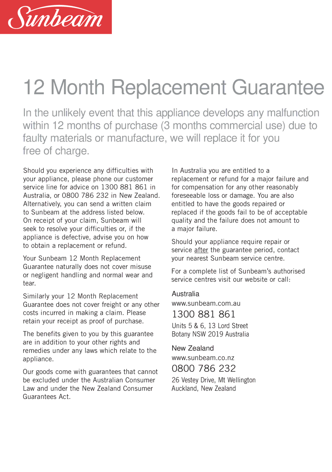 Sunbeam FG5600 manual Month Replacement Guarantee, Australia, New Zealand 