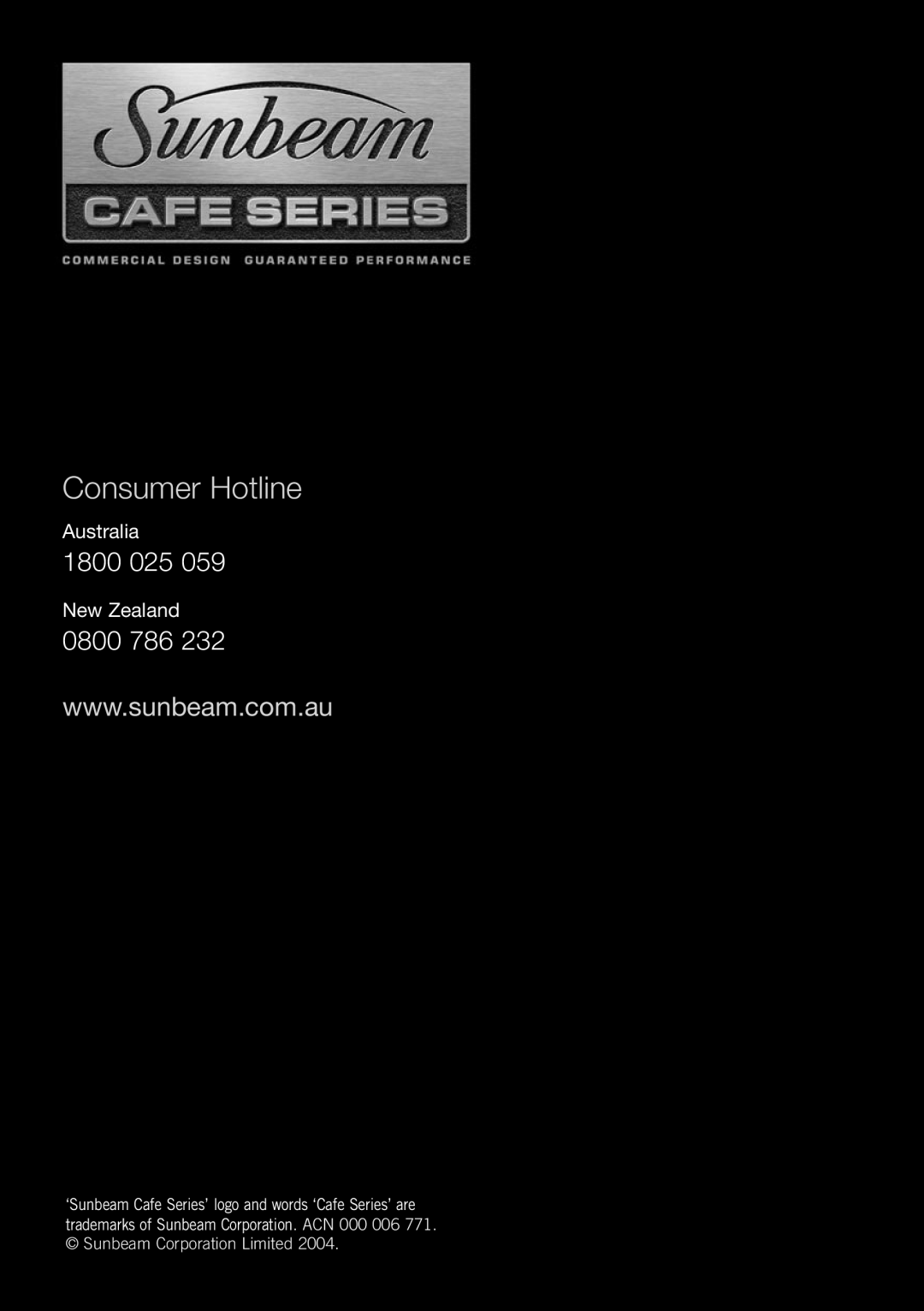 Sunbeam Food Slicer manual Consumer Hotline, 1800, 0800, Australia, New Zealand 