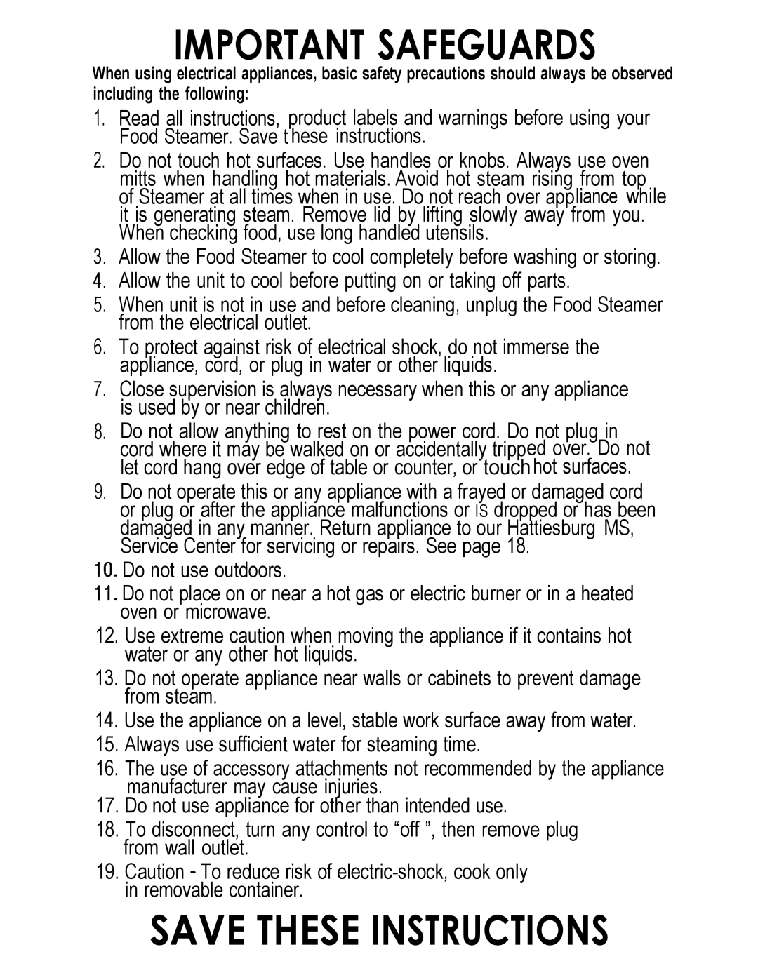 Sunbeam FOOD STEAMER manual Important Safeguards 