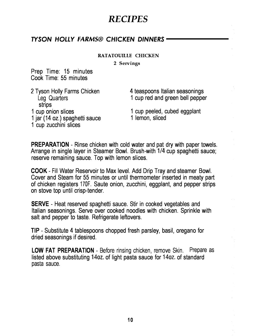 Sunbeam FOOD STEAMER manual Recipes, Tyson Holly Chicken Dinners 