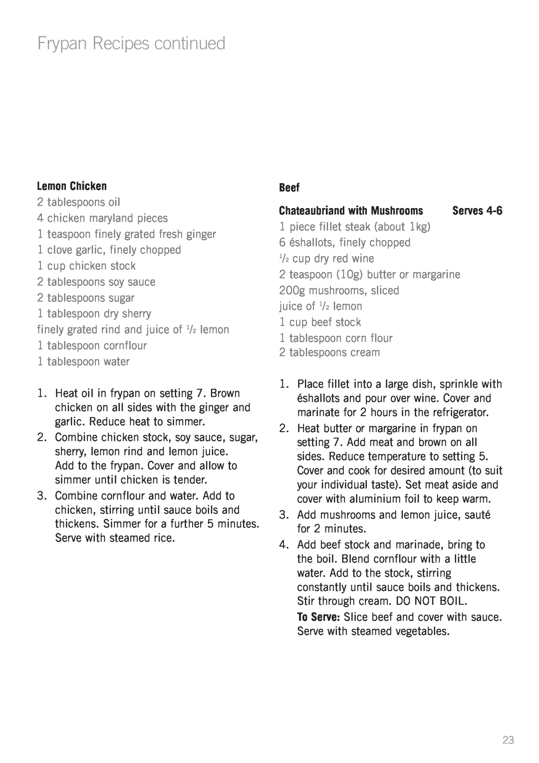 Sunbeam FP5900, FP5500, SK4200, FP5700, FP5600, FP5610 manual Lemon Chicken, Beef, Frypan Recipes continued 