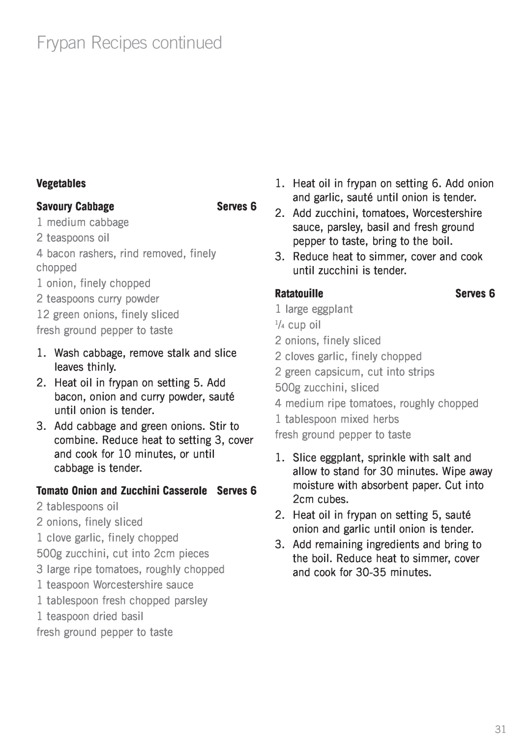 Sunbeam FP5700, FP5500, FP5900, SK4200, FP5600, FP5610 manual Vegetables, Savoury Cabbage, Ratatouille, Frypan Recipes continued 