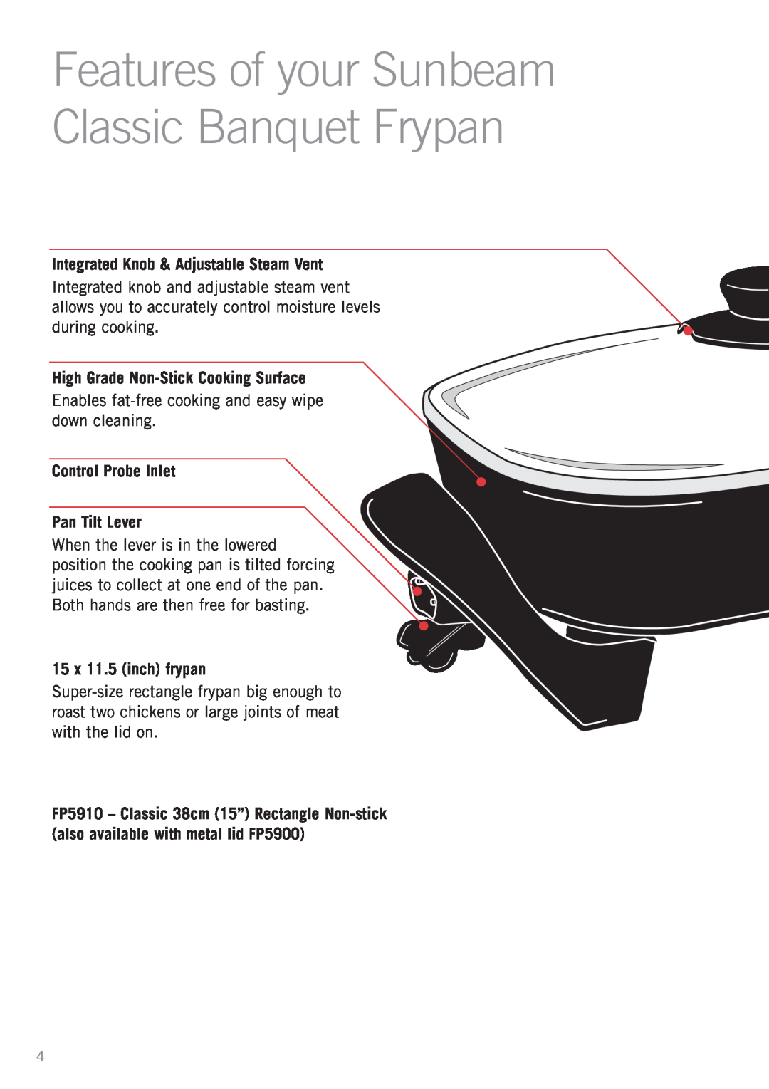 Sunbeam FP5500, FP5900, SK4200 Features of your Sunbeam Classic Banquet Frypan, Integrated Knob & Adjustable Steam Vent 