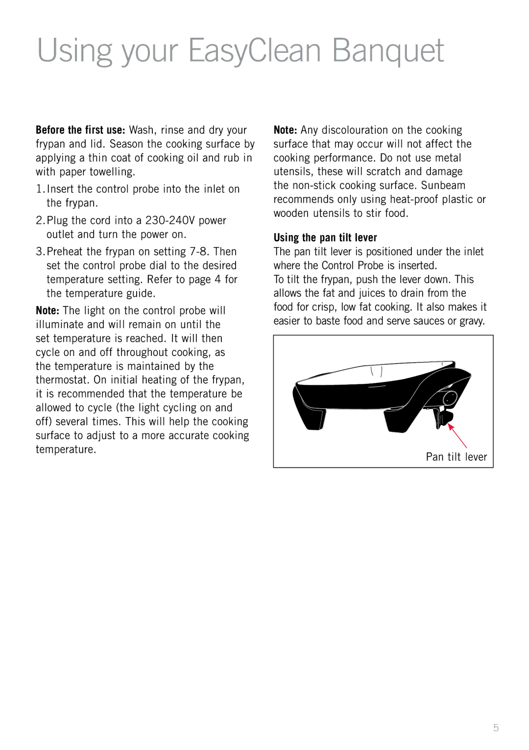 Sunbeam FP5905 manual Using your EasyClean Banquet, Using the pan tilt lever, Pan tilt lever 