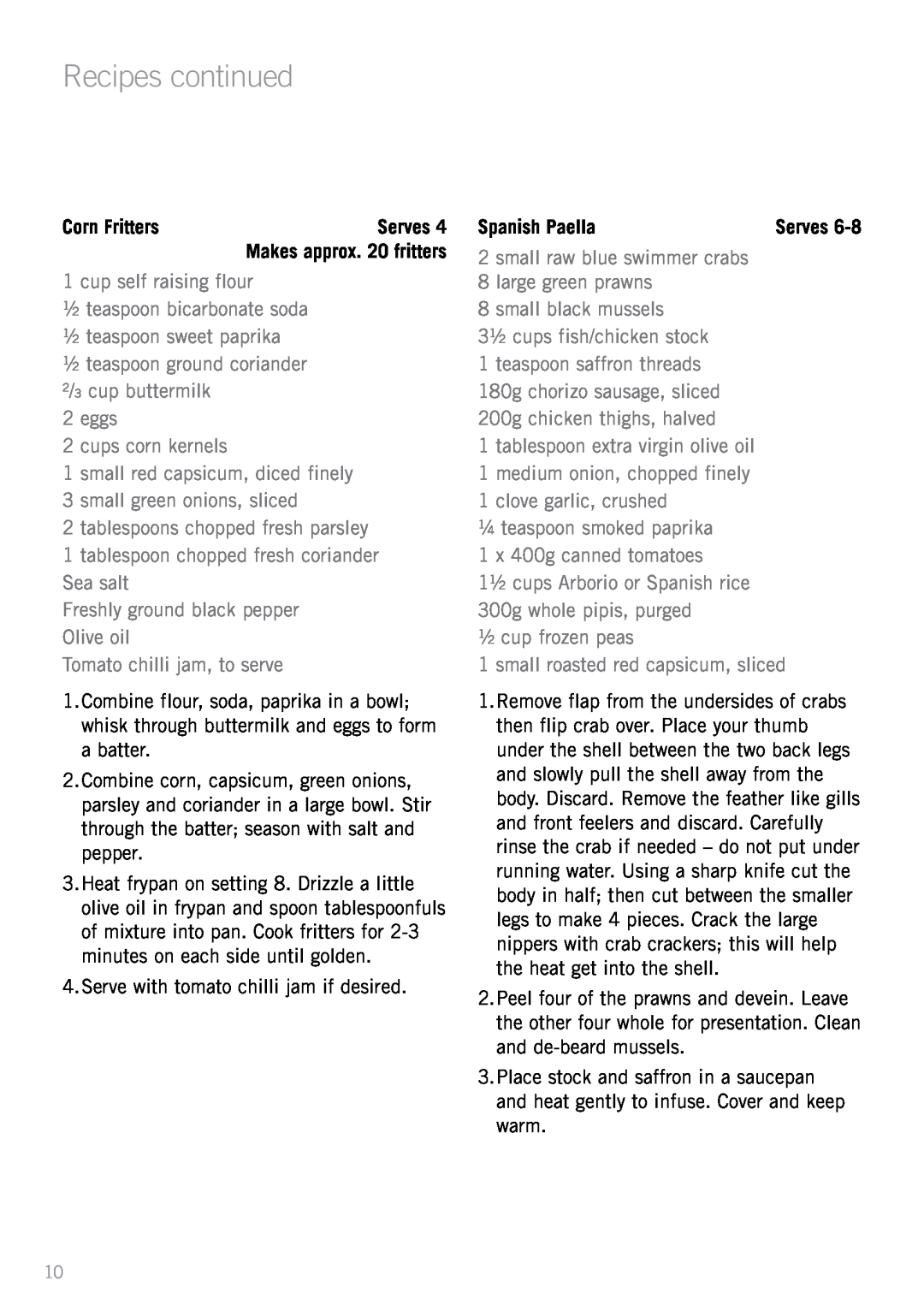 Sunbeam FP5905 manual Recipes continued, Corn Fritters, Serves, Spanish Paella 