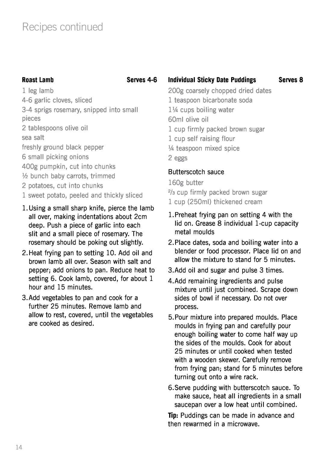 Sunbeam FP5905 manual Roast Lamb, Individual Sticky Date Puddings, Recipes continued 