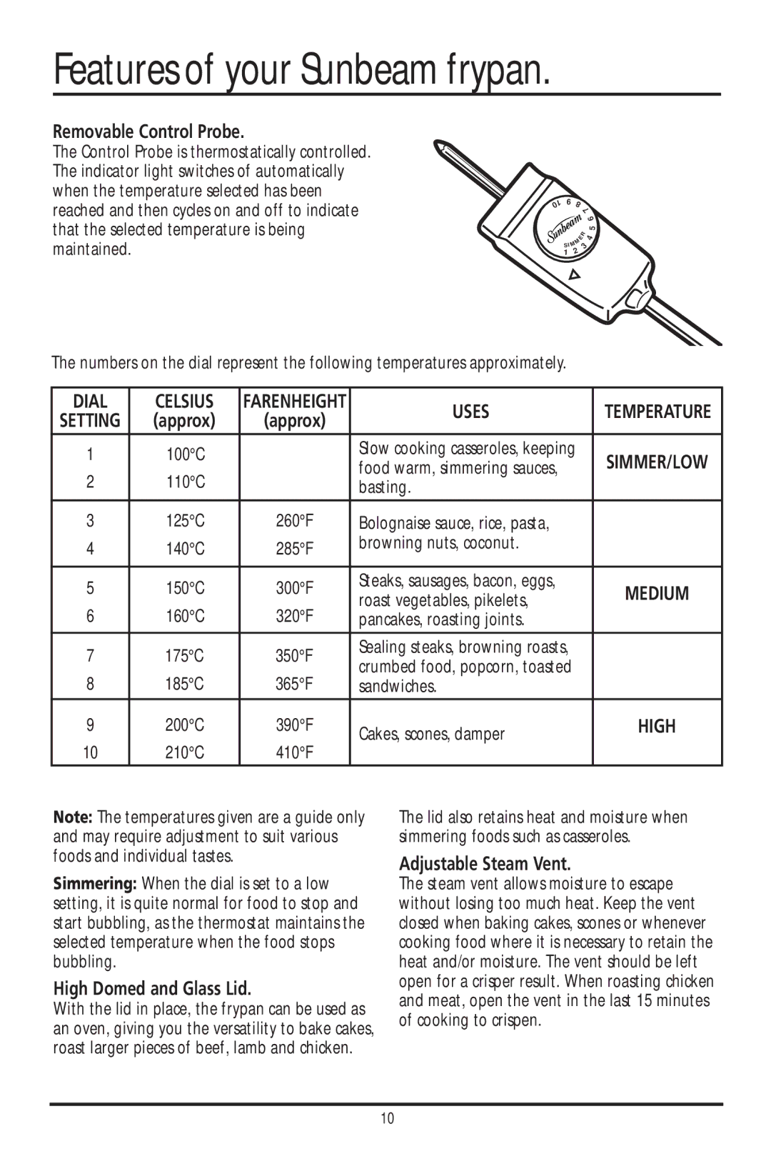Sunbeam FP102FP5600, FP7820, FP6710 manual Features of your Sunbeam frypan, Removable Control Probe, High Domed and Glass Lid 