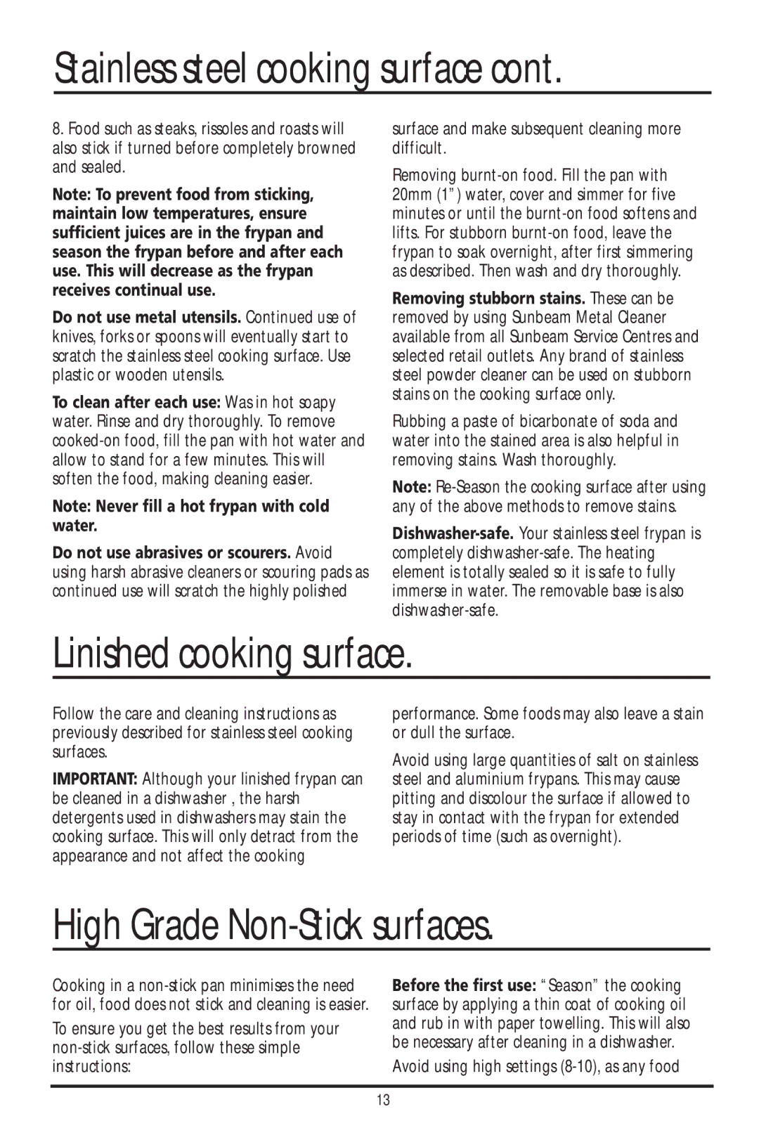 Sunbeam FP6710 manual Linished cooking surface, High Grade Non-Stick surfaces, Avoid using high settings 8-10, as any food 