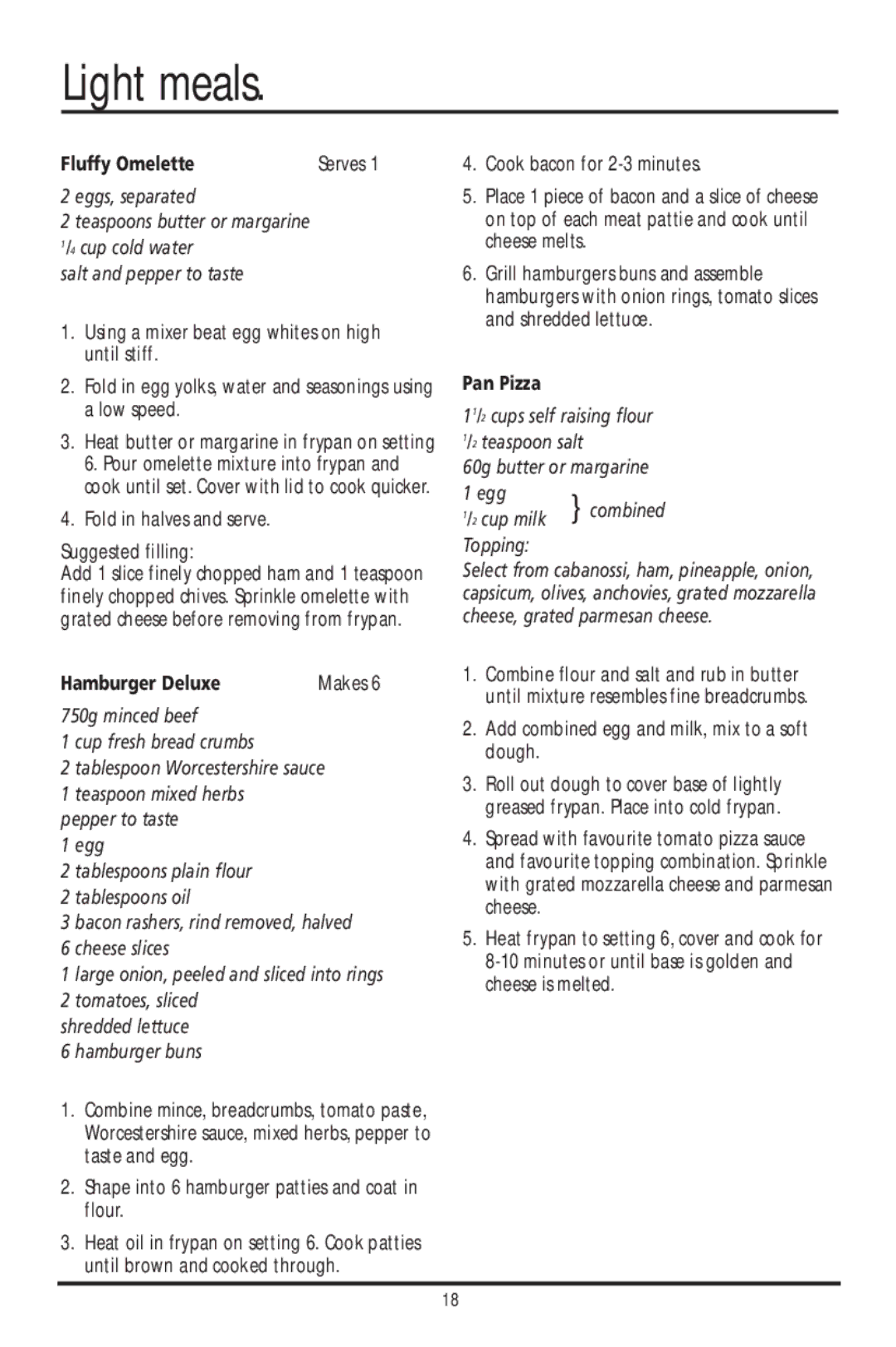 Sunbeam FP4600, FP7820, FP6710, FP6700, FP7600, FP7700, FP7900, FP4610 Light meals, Fluffy Omelette, Hamburger Deluxe, Pan Pizza 