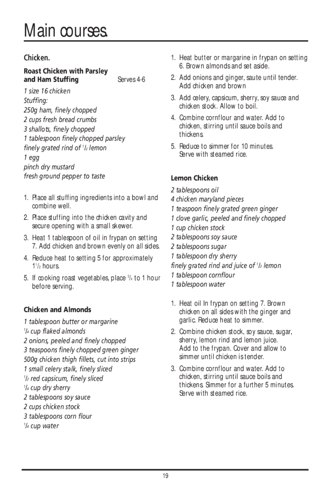 Sunbeam FP4610, FP7820, FP6710, FP6700, FP7600, FP7700 manual Main courses, Ham Stuffing, Chicken and Almonds, Lemon Chicken 