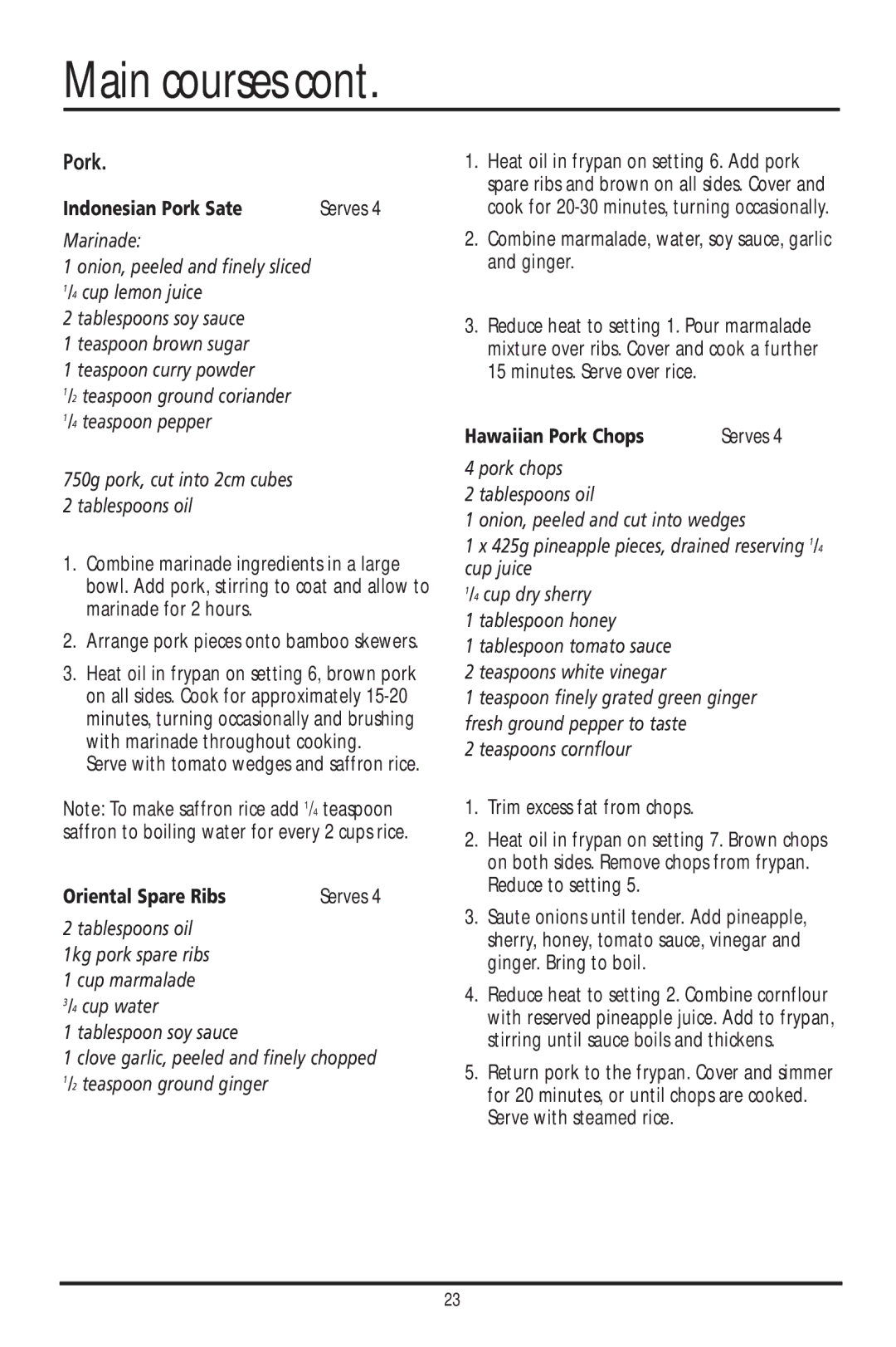 Sunbeam FP112FP5800, FP7820, FP6710 Indonesian Pork Sate, Oriental Spare Ribs, Hawaiian Pork Chops, Teaspoons cornflour 