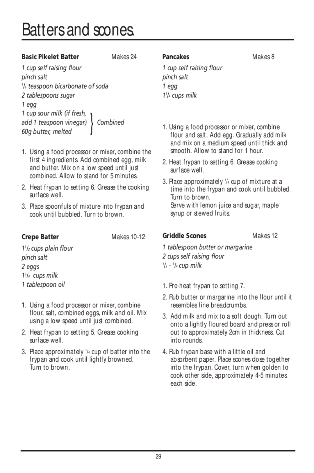 Sunbeam FP7900, FP7820, FP6710, FP6700 manual Batters and scones, Basic Pikelet Batter, Pancakes, Crepe Batter, Griddle Scones 