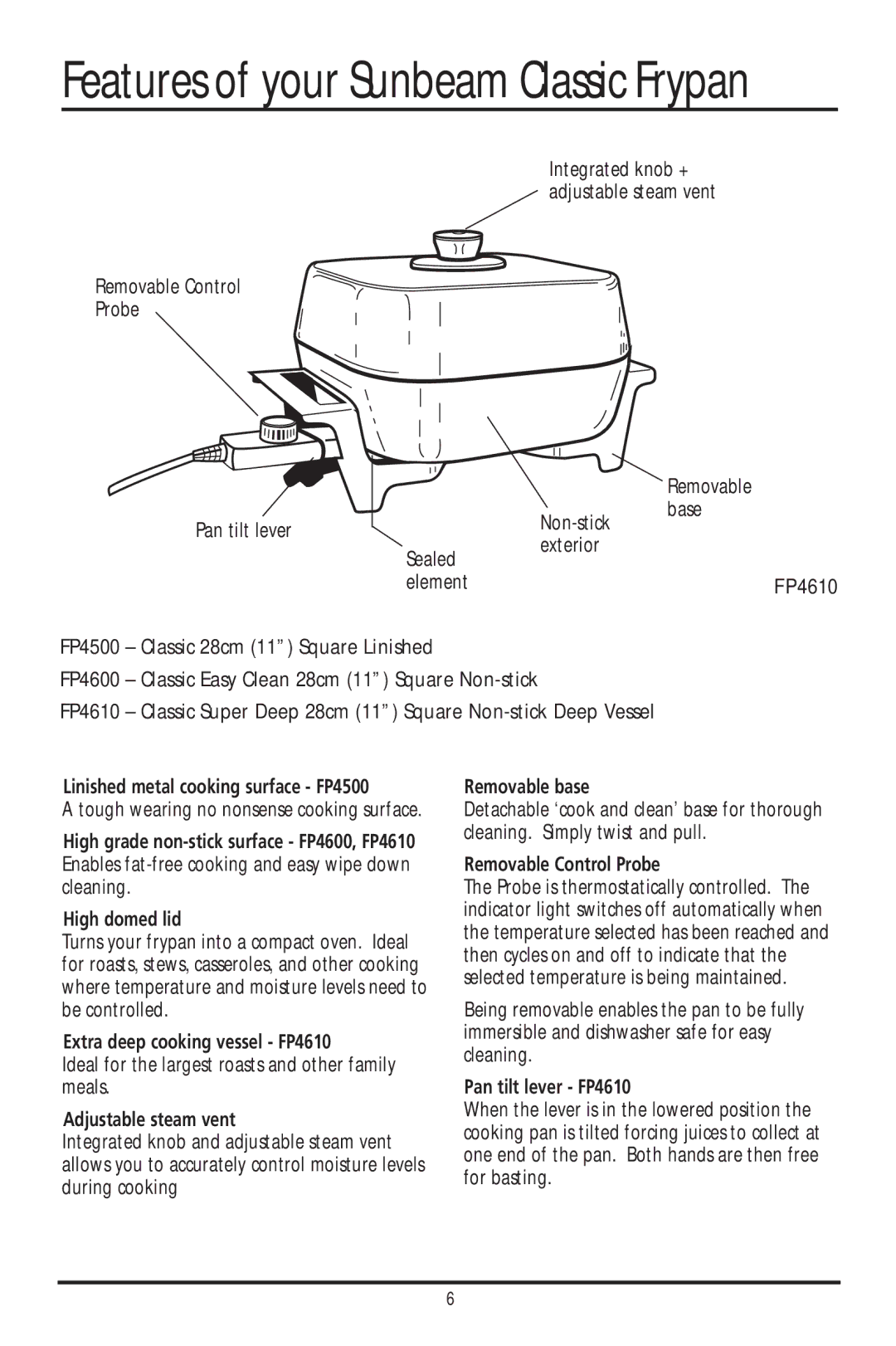 Sunbeam FP4600 Linished metal cooking surface FP4500, High domed lid, Extra deep cooking vessel FP4610, Removable base 