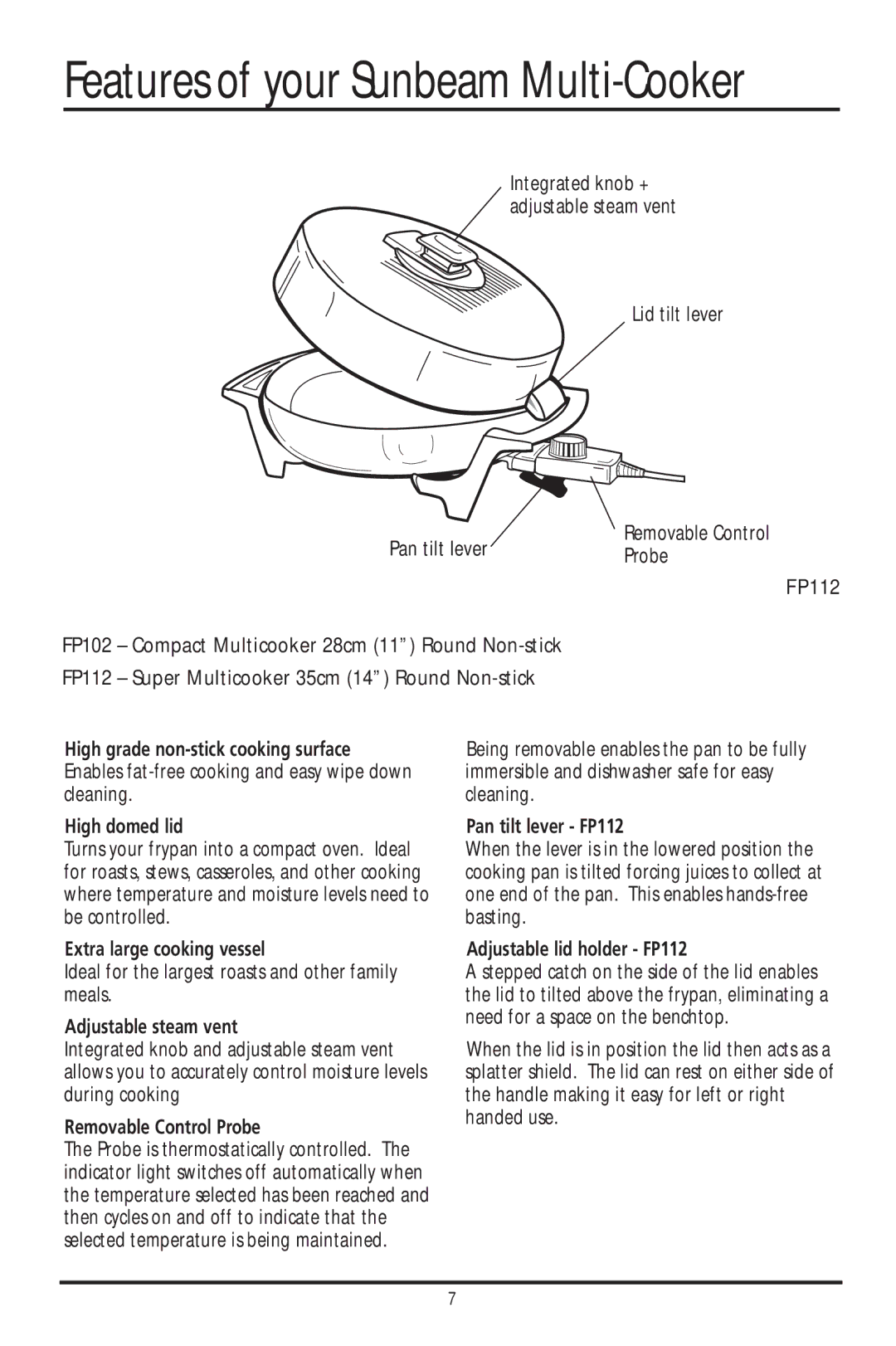 Sunbeam FP4610, FP7820, FP6710, FP6700 manual Lid tilt lever Pan tilt lever, Extra large cooking vessel, Pan tilt lever FP112 