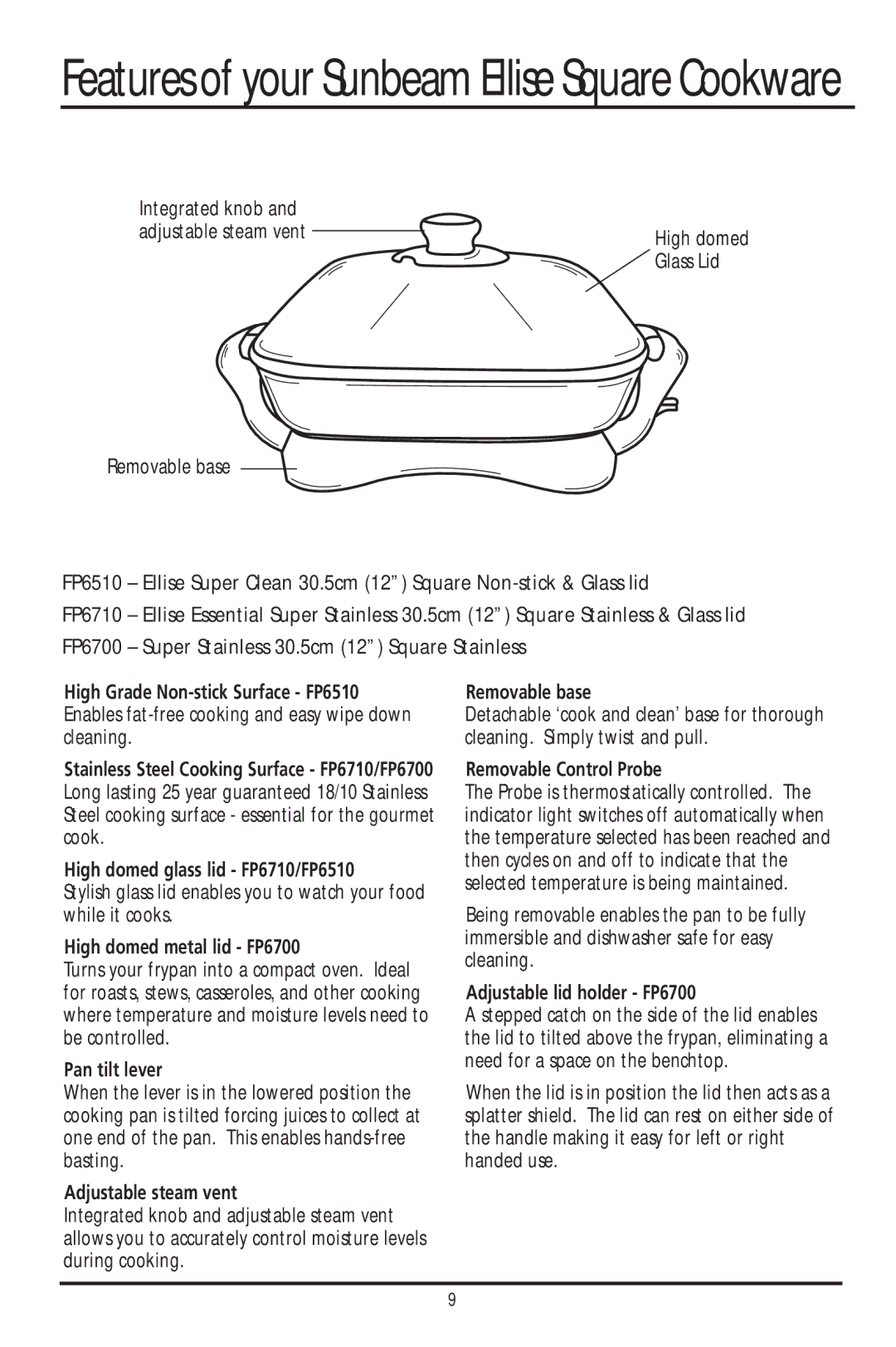 Sunbeam FP4500, FP7820, FP7600, FP7700 manual High domed glass lid FP6710/FP6510, High domed metal lid FP6700, Pan tilt lever 