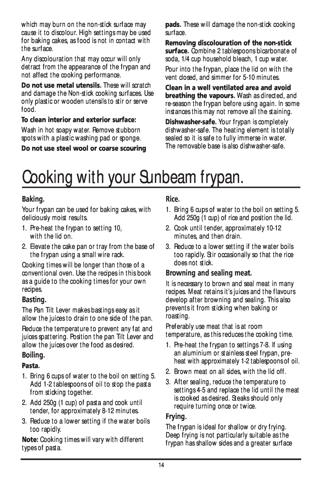 Sunbeam FP6700 Cooking with your Sunbeam frypan, Baking, Basting, Boiling, Rice, Browning and sealing meat, Frying, Pasta 