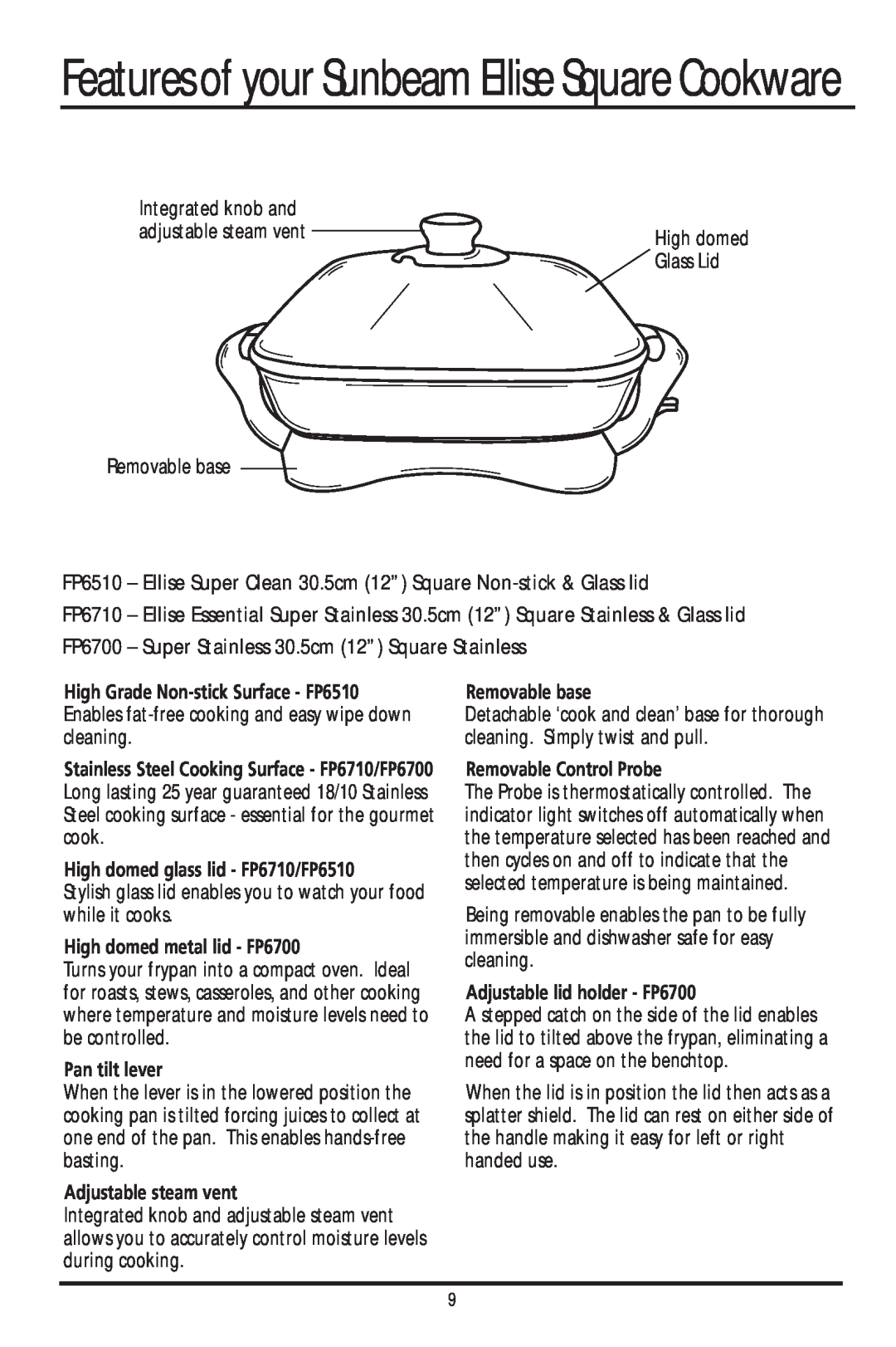 Sunbeam FP4500 manual Features of your Sunbeam Ellise Square Cookware, High domed glass lid - FP6710/FP6510, Pan tilt lever 