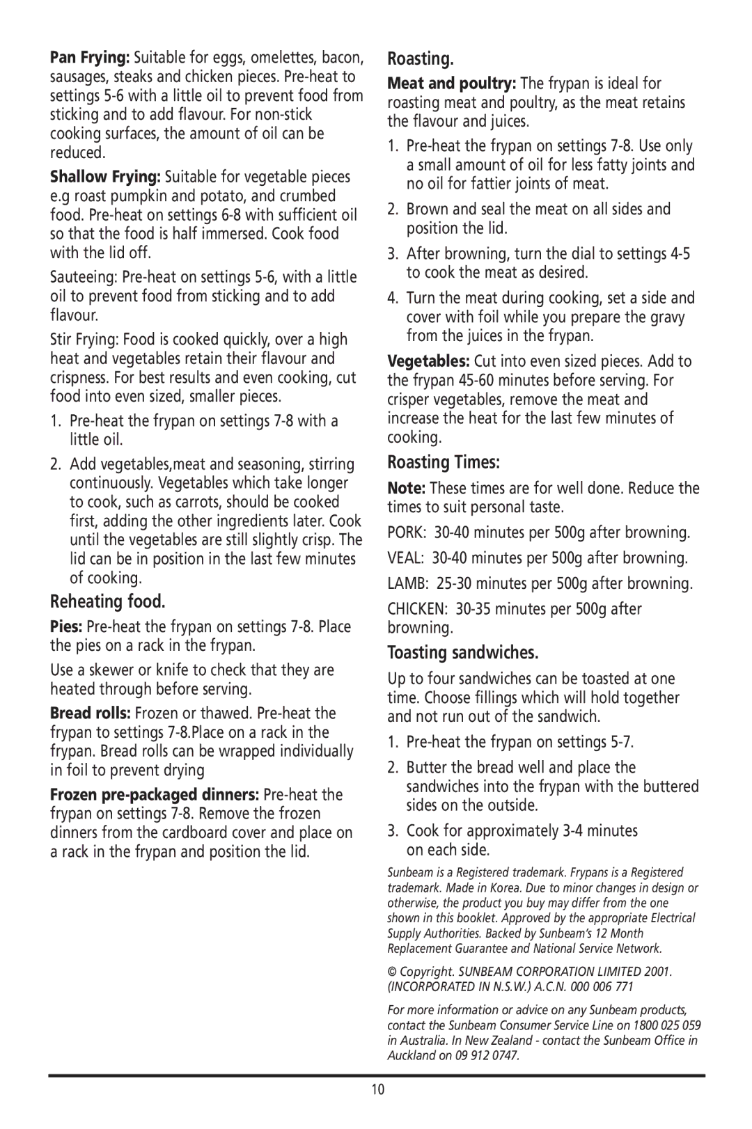Sunbeam FP8600, FP8400 manual Reheating food, Roasting Times, Toasting sandwiches 
