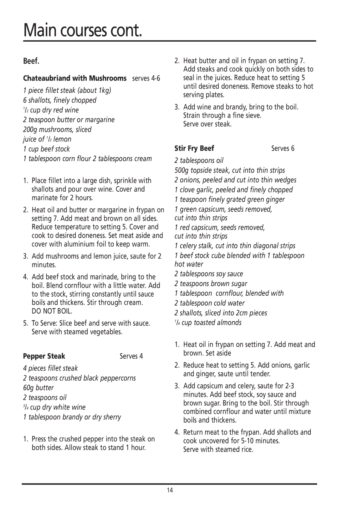 Sunbeam FP8600, FP8400 manual Cup beef stock, Pepper Steak, Stir Fry Beef 
