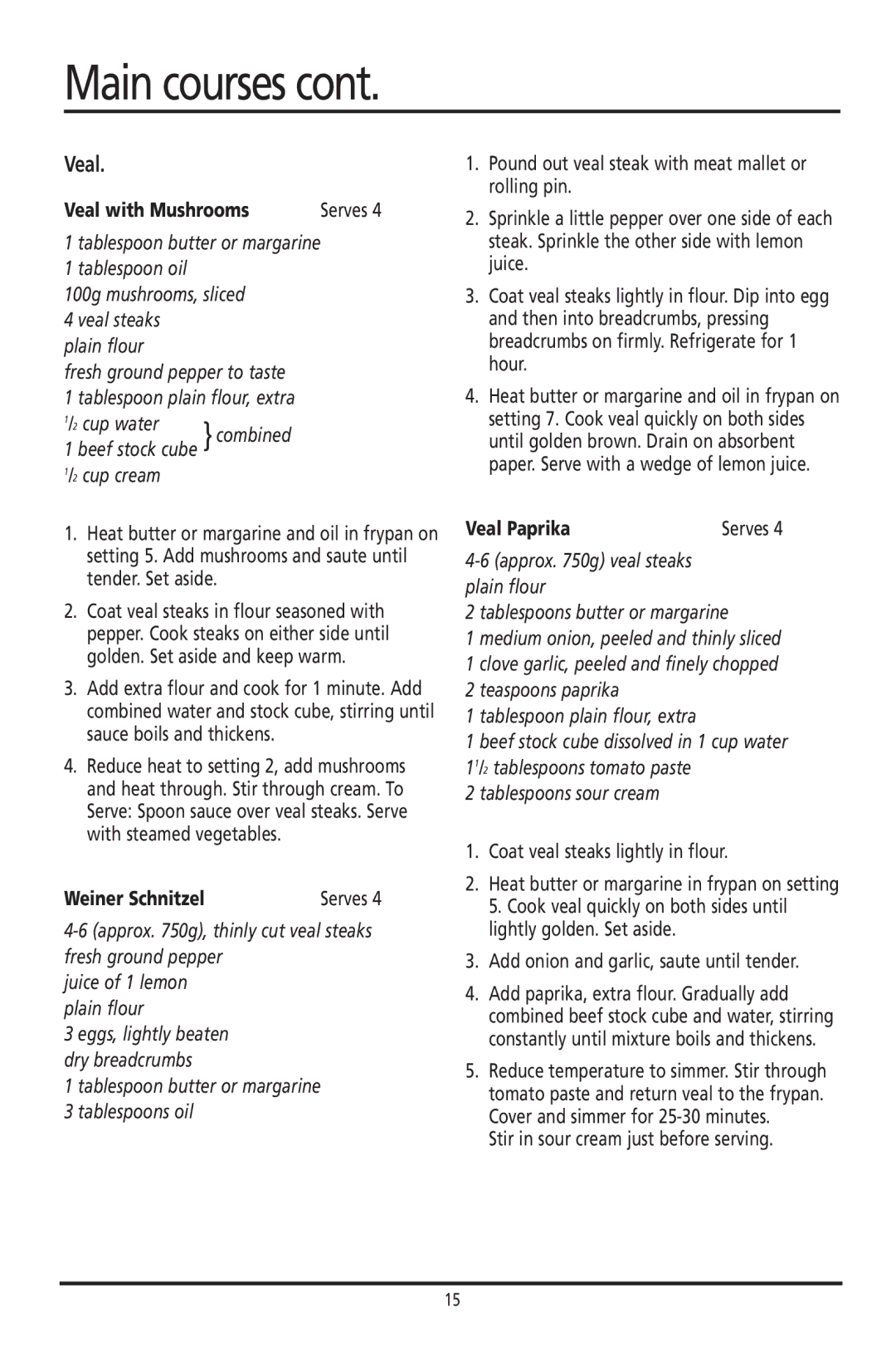 Sunbeam FP8400, FP8600 manual Veal with Mushrooms, Weiner Schnitzel, Veal Paprika 