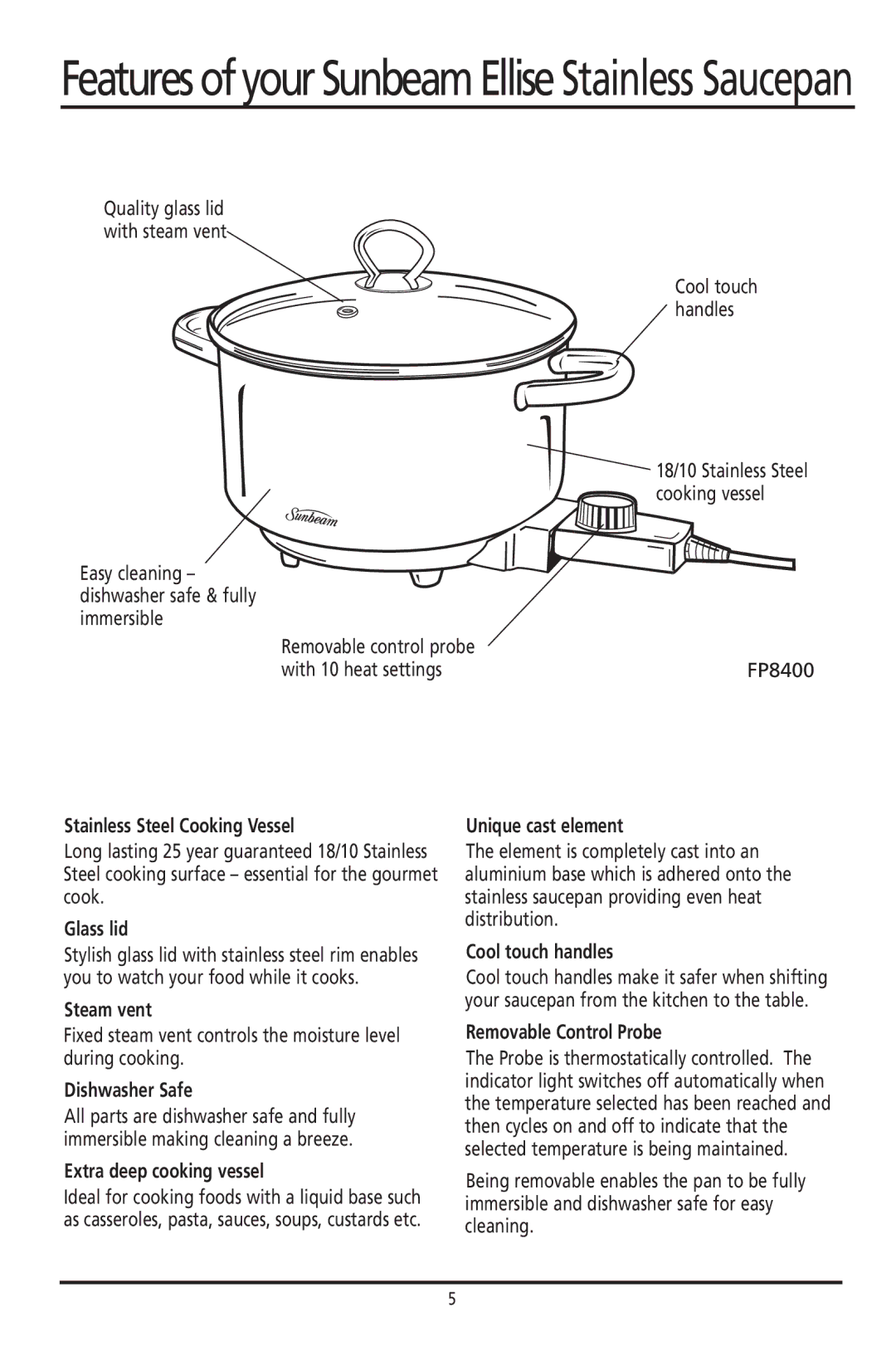 Sunbeam FP8400, FP8600 Stainless Steel Cooking Vessel, Glass lid, Steam vent, Dishwasher Safe, Extra deep cooking vessel 