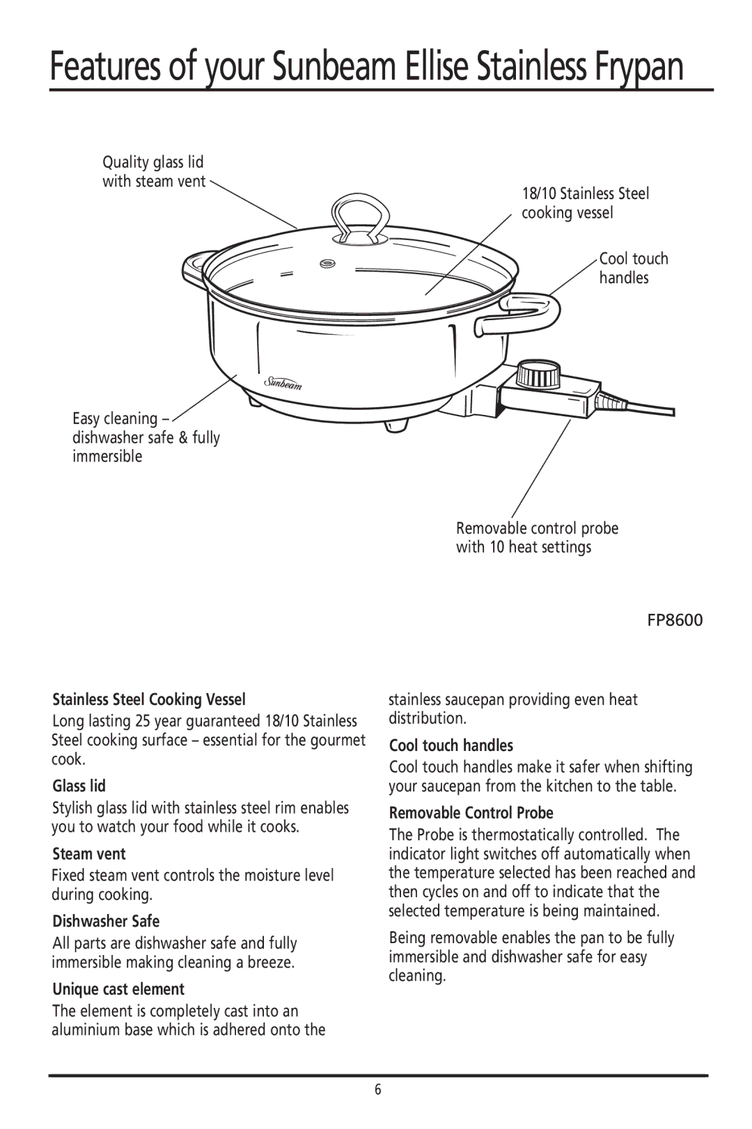 Sunbeam FP8600, FP8400 manual Quality glass lid With steam vent, Easy cleaning dishwasher safe & fully immersible 