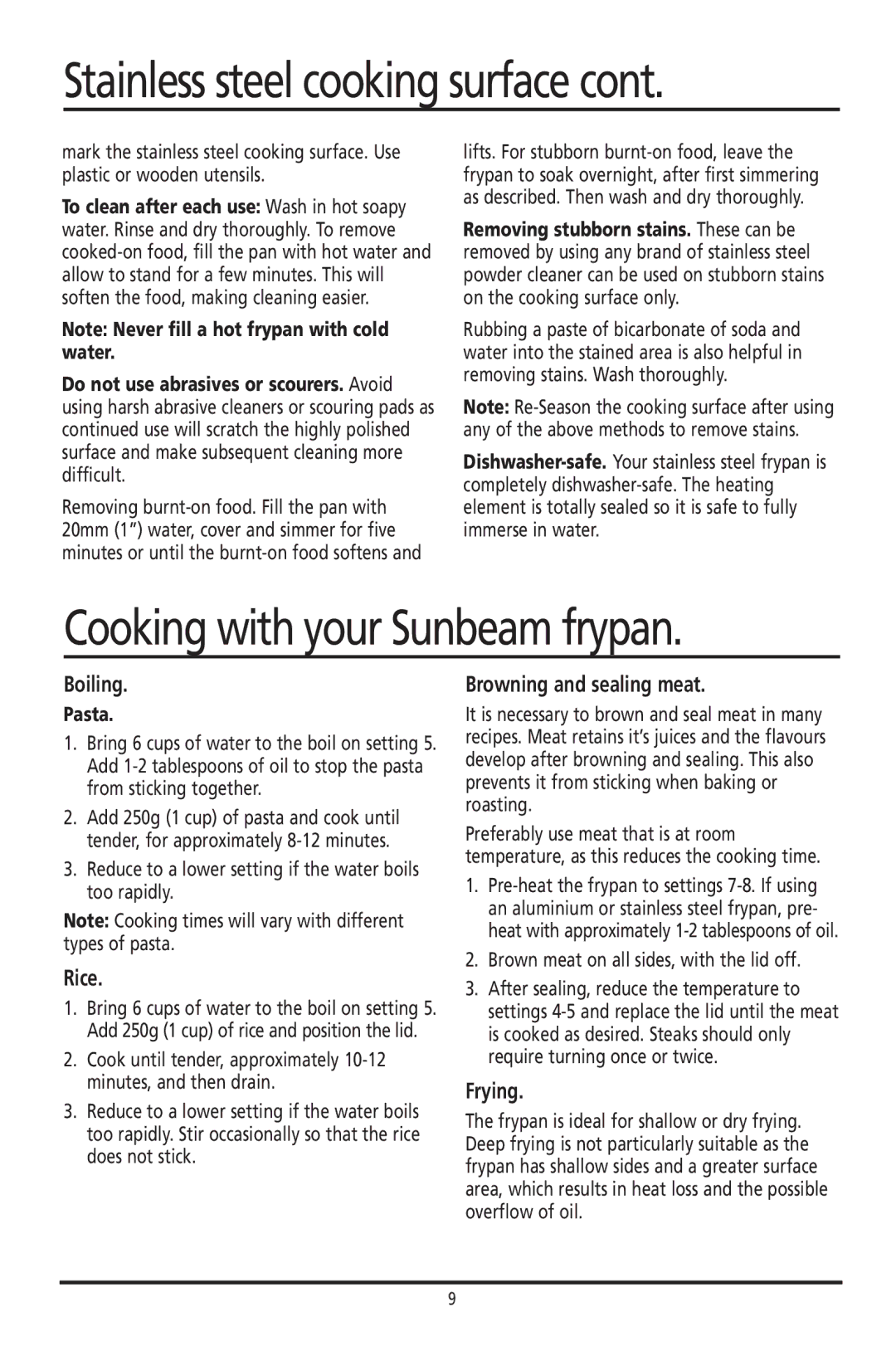 Sunbeam FP8400, FP8600 manual Cooking with your Sunbeam frypan, Boiling, Rice, Browning and sealing meat, Frying 