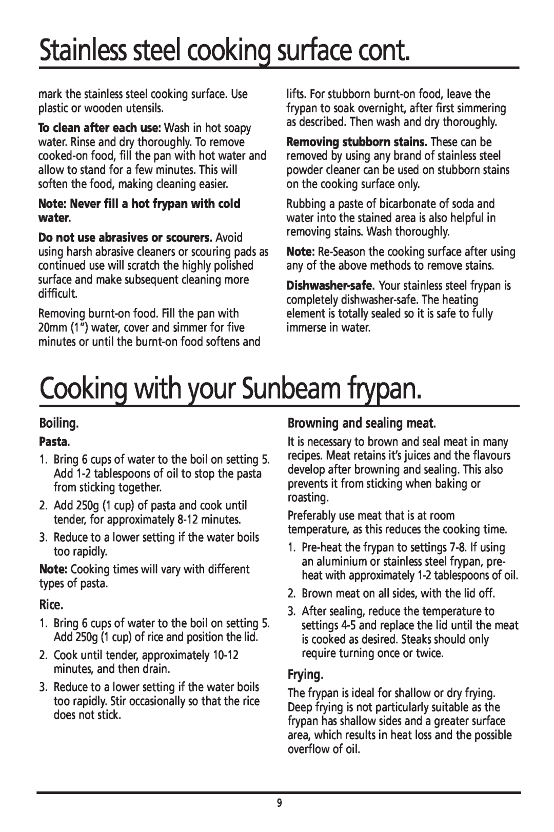Sunbeam FP8400 manual Stainless steel cooking surface cont, Cooking with your Sunbeam frypan, Boiling, Rice, Frying, Pasta 