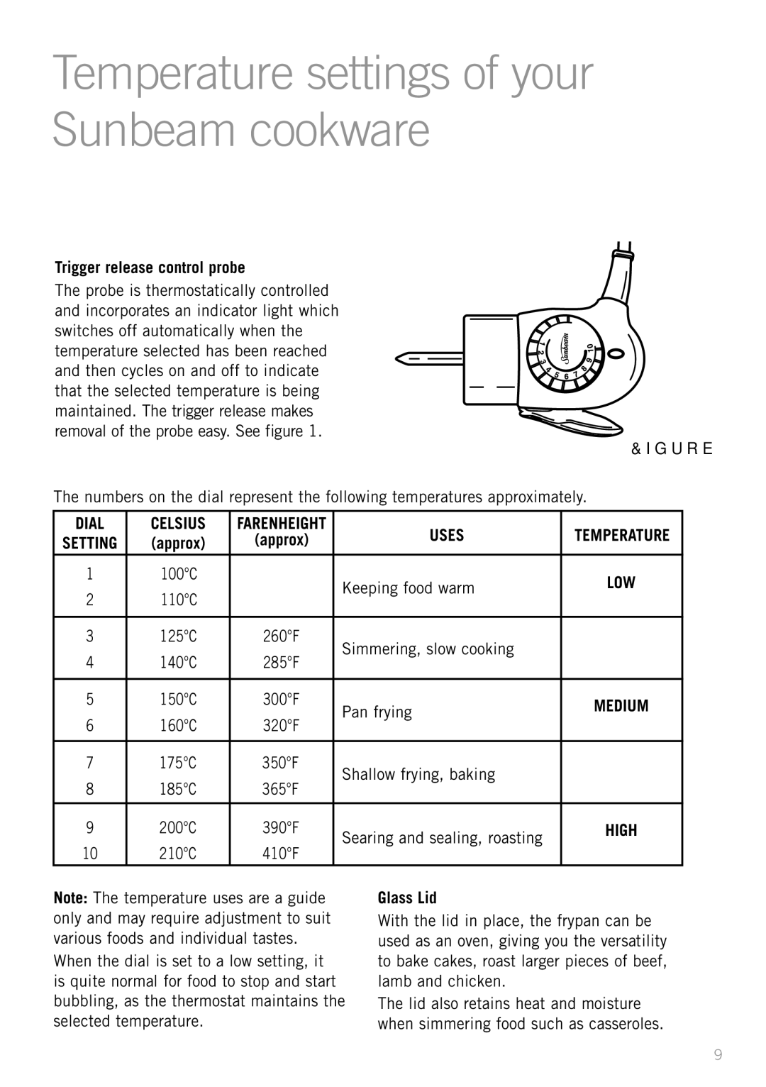 Sunbeam FP8920 manual Temperature settings of your Sunbeam cookware, Keeping food warm, Simmering, slow cooking, Pan frying 