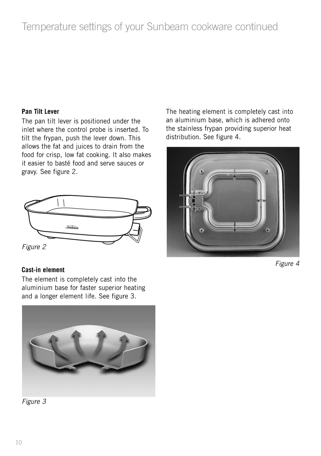 Sunbeam FP8610, FP8910, FP8920 manual Temperature settings of your Sunbeam cookware, Cast-in element 