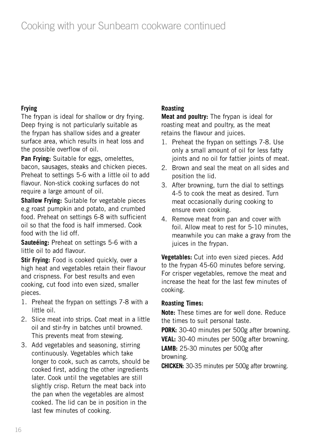 Sunbeam FP8610, FP8910, FP8920 manual Cooking with your Sunbeam cookware, Frying, Roasting Times 