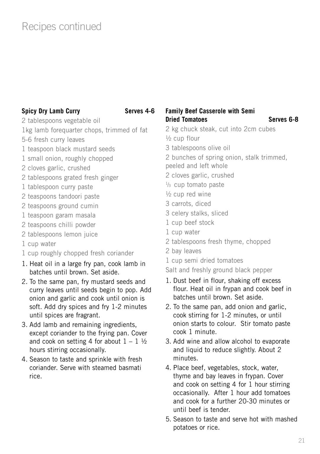 Sunbeam FP8920, FP8610, FP8910 manual Spicy Dry Lamb Curry, Dried Tomatoes 