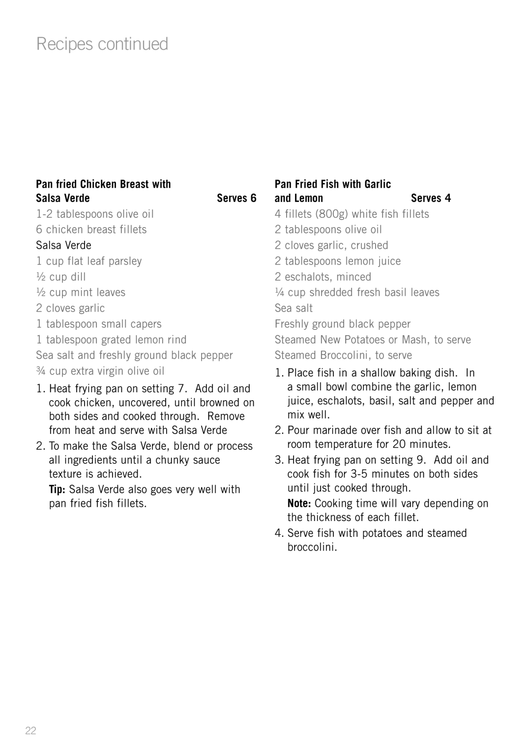 Sunbeam FP8610, FP8910, FP8920 manual Pan fried Chicken Breast with Salsa Verde, Pan Fried Fish with Garlic Lemon 