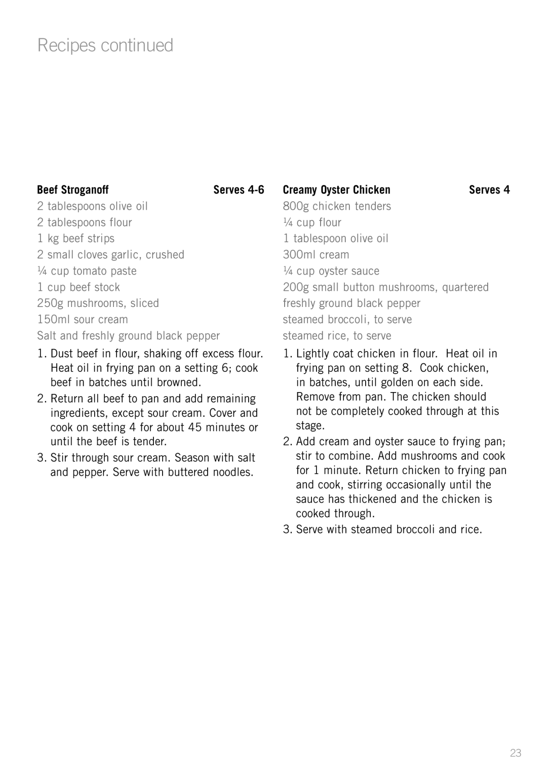 Sunbeam FP8910, FP8610, FP8920 manual Beef Stroganoff, Creamy Oyster Chicken, Serve with steamed broccoli and rice 