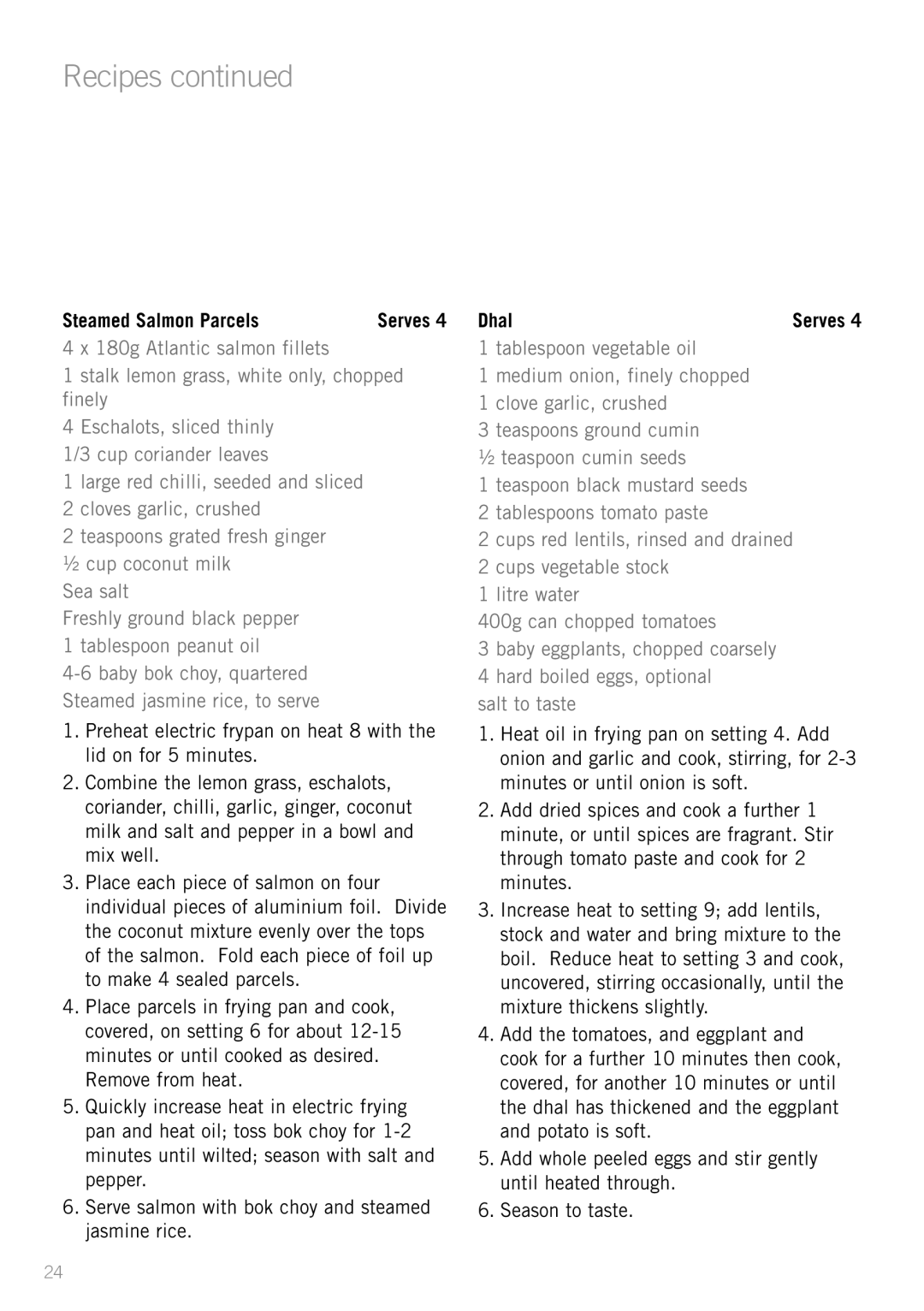 Sunbeam FP8920, FP8610, FP8910 manual Steamed Salmon Parcels, Dhal 