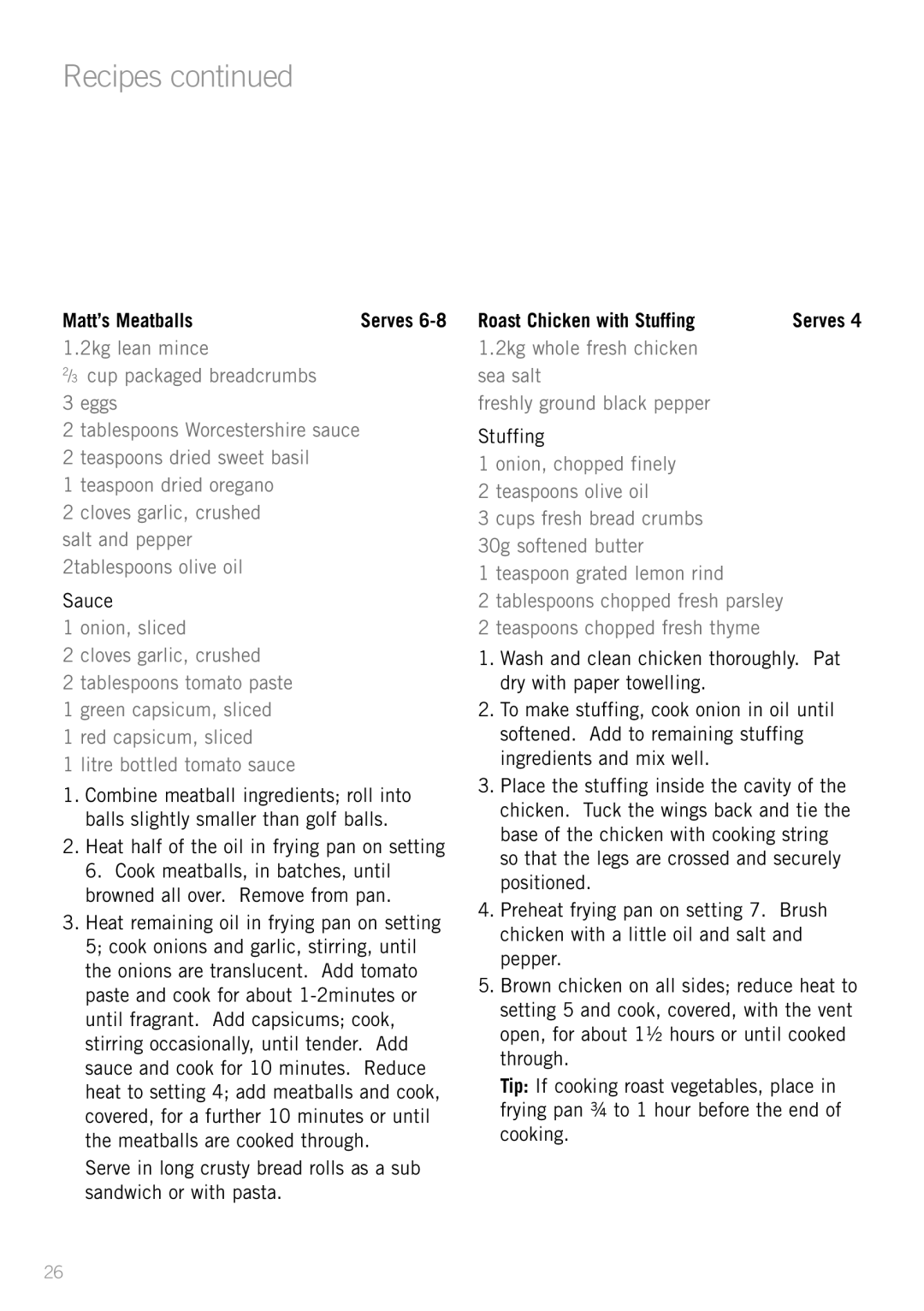 Sunbeam FP8910, FP8610, FP8920 manual Matt’s Meatballs, Sauce, Roast Chicken with Stuffing 