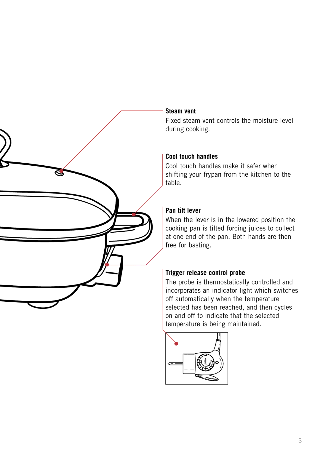 Sunbeam FP8920 Steam vent, Fixed steam vent controls the moisture level during cooking, Cool touch handles, Pan tilt lever 