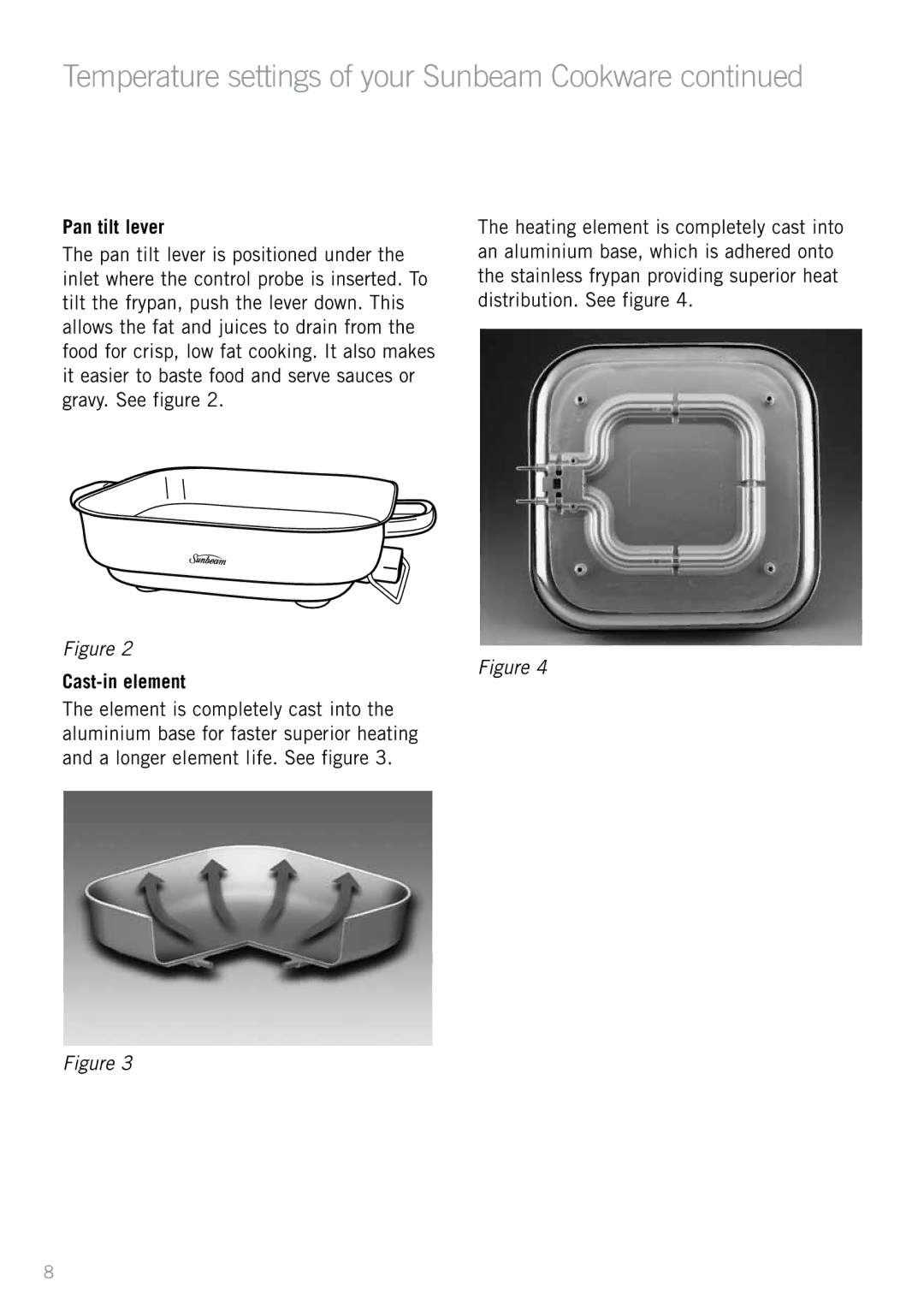 Sunbeam FP8610, FP8910 manual Temperature settings of your Sunbeam Cookware, Cast-in element 