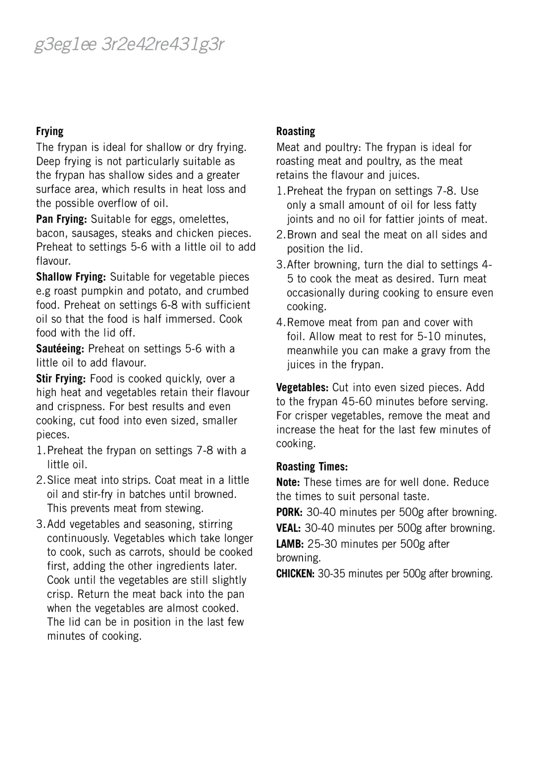 Sunbeam FP8610, FP8910 manual Frying, Roasting Times 