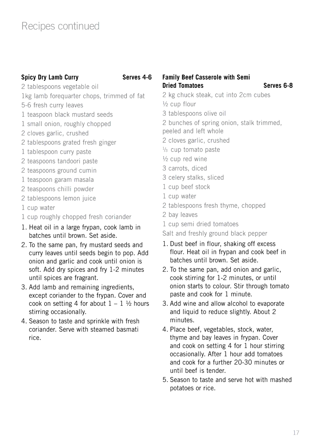 Sunbeam FP8910, FP8610 manual Spicy Dry Lamb Curry, Dried Tomatoes 