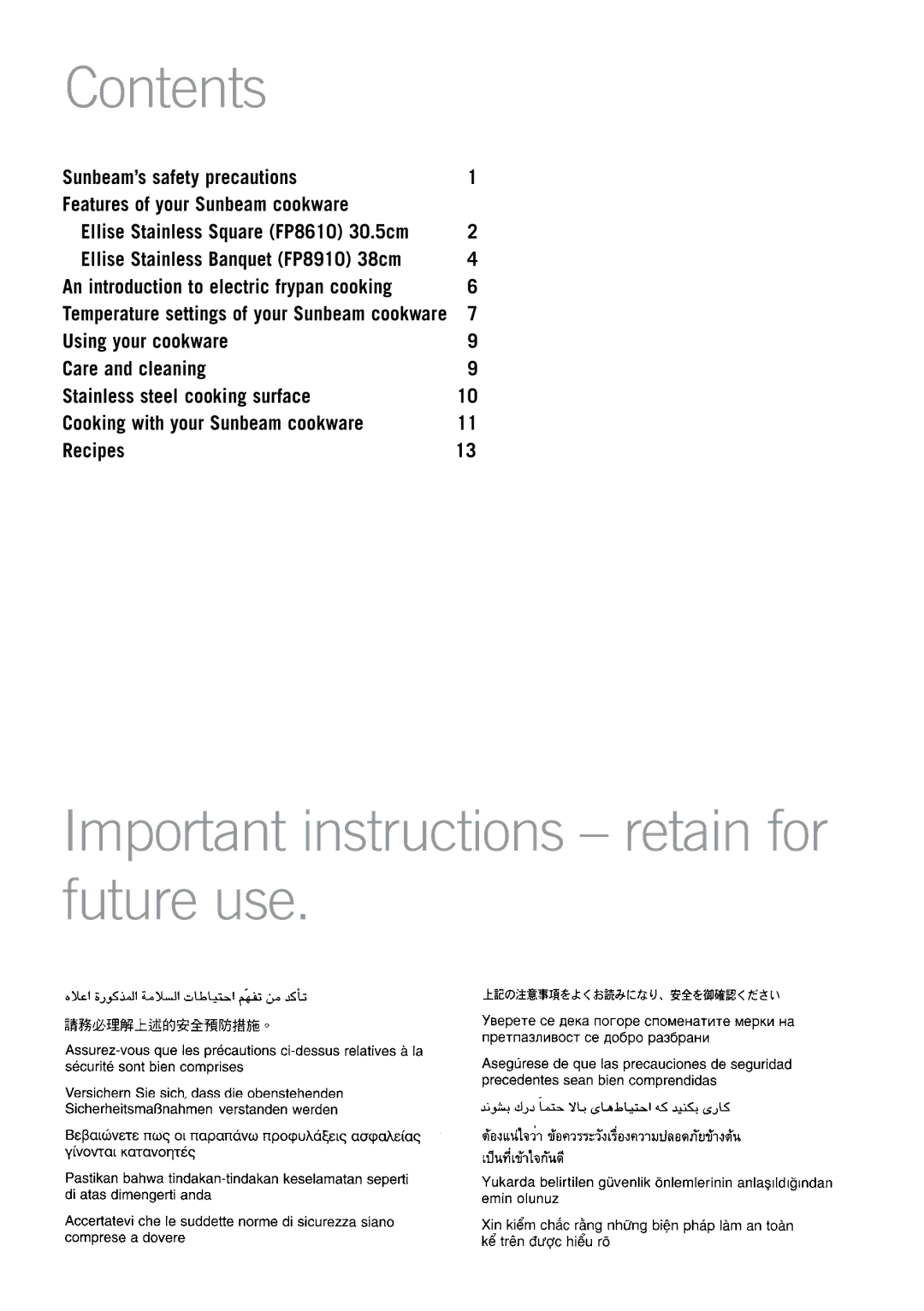 Sunbeam FP8610, FP8910 manual Contents, Important instructions retain for future use 