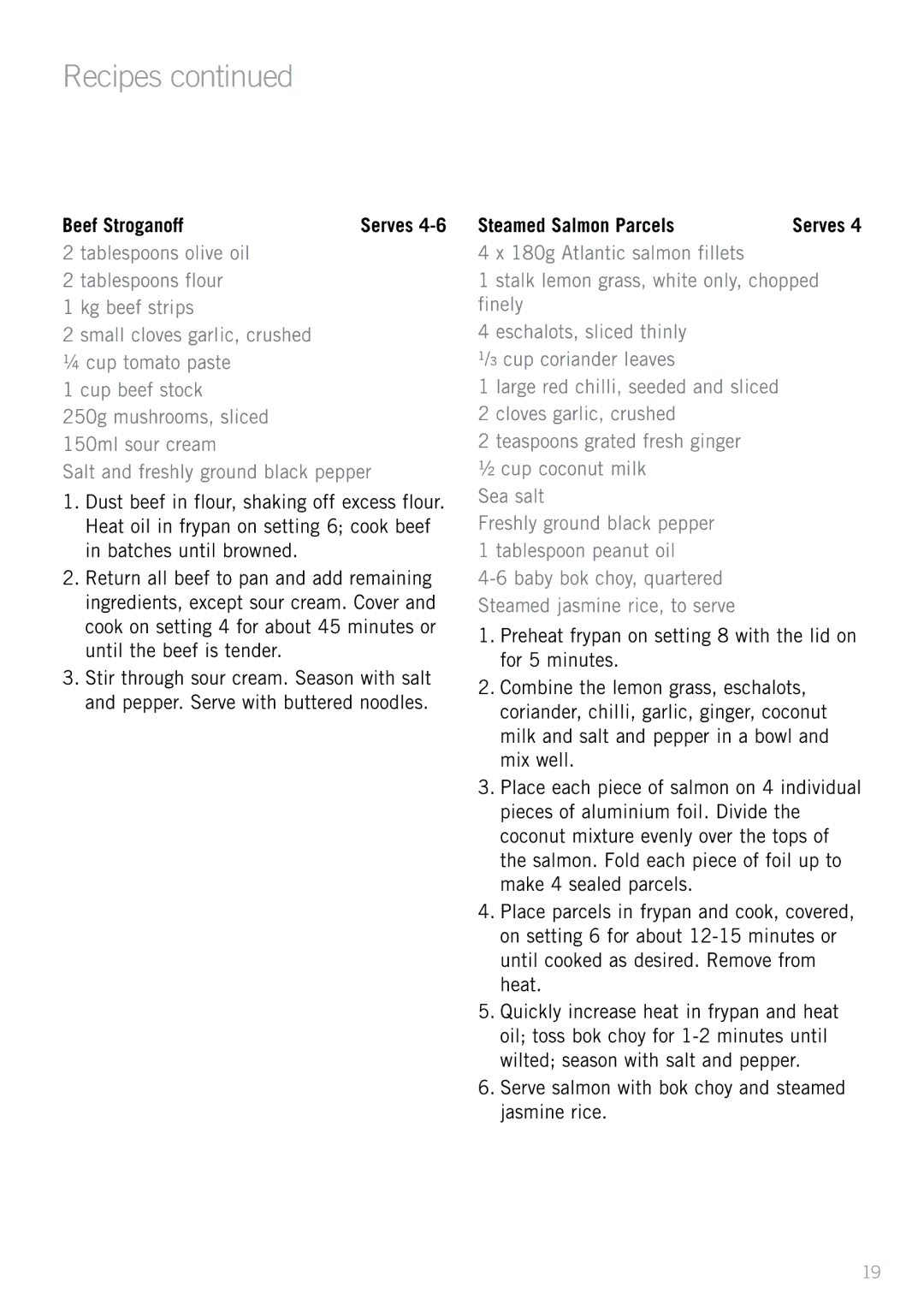 Sunbeam FP8910, FP8610 manual Beef Stroganoff, Steamed Salmon Parcels 