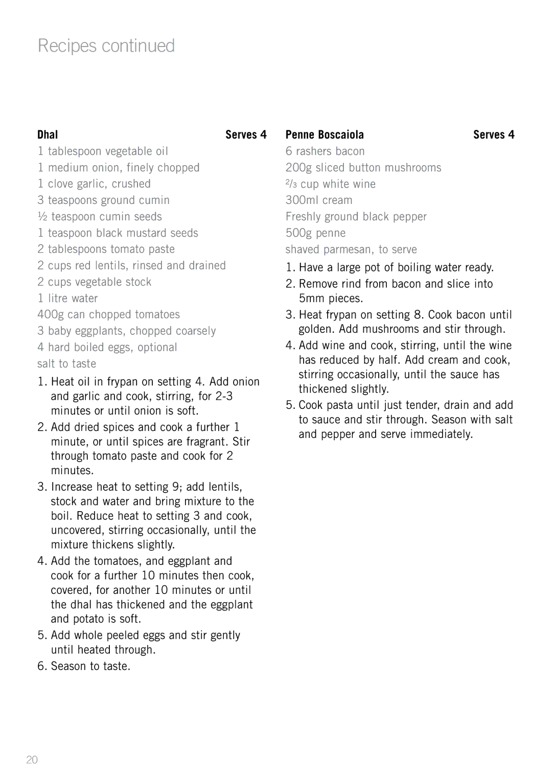 Sunbeam FP8610, FP8910 manual Dhal, Penne Boscaiola 